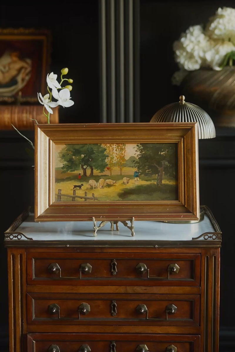 Pastoral Landscape Oil on Board with Shepherd, Grazing Sheep & Sheepdog in a Tree-Lined Meadow, in a Broad Gold-Finished Frame