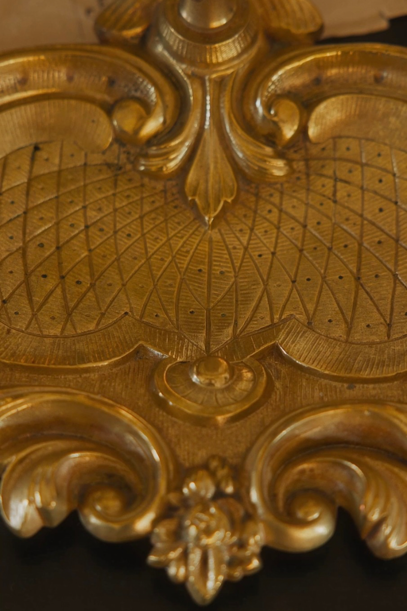 Rococo Revival Gold-Tone Tray Candleholder with Single Candle Socket, Scrolling Acanthus Leaves & Incised Lattice Decoration