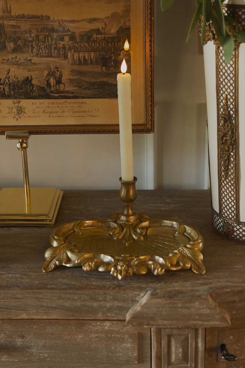 Rococo Revival Gold-Tone Tray Candleholder with Single Candle Socket, Scrolling Acanthus Leaves & Incised Lattice Decoration