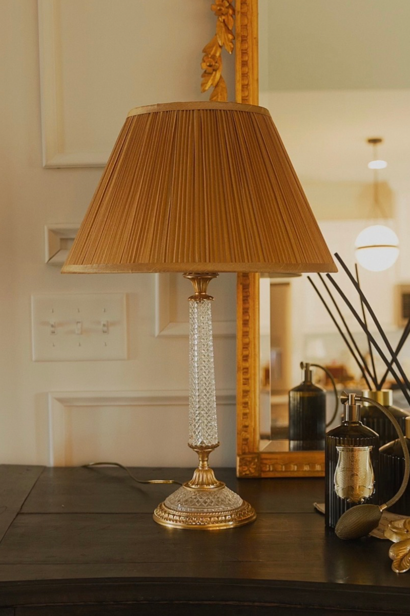 French Crystal Column Table Lamp with Gilt Accents & Gold Pleated Silk Shade