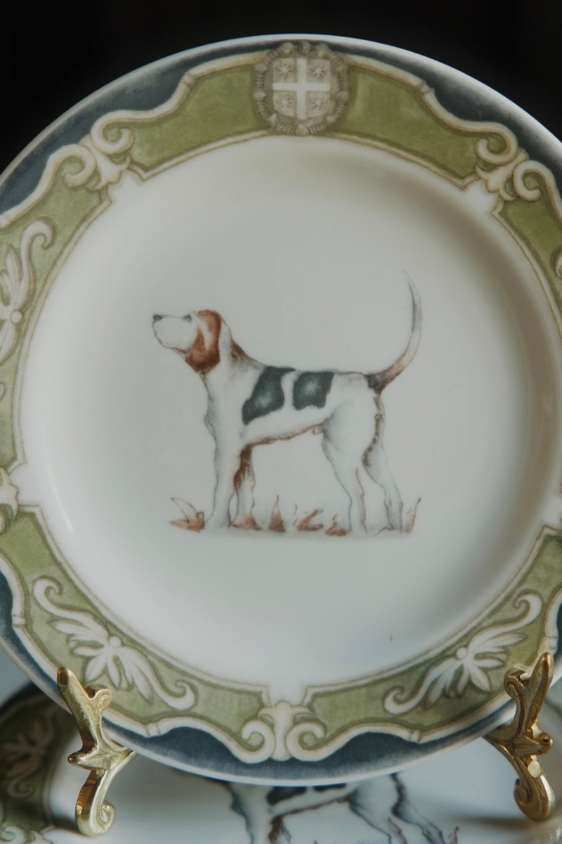 Set of 6 20th C. "Un Automne a Cheverny" Sporting Dog Porcelain Plates by Marie Pourchet