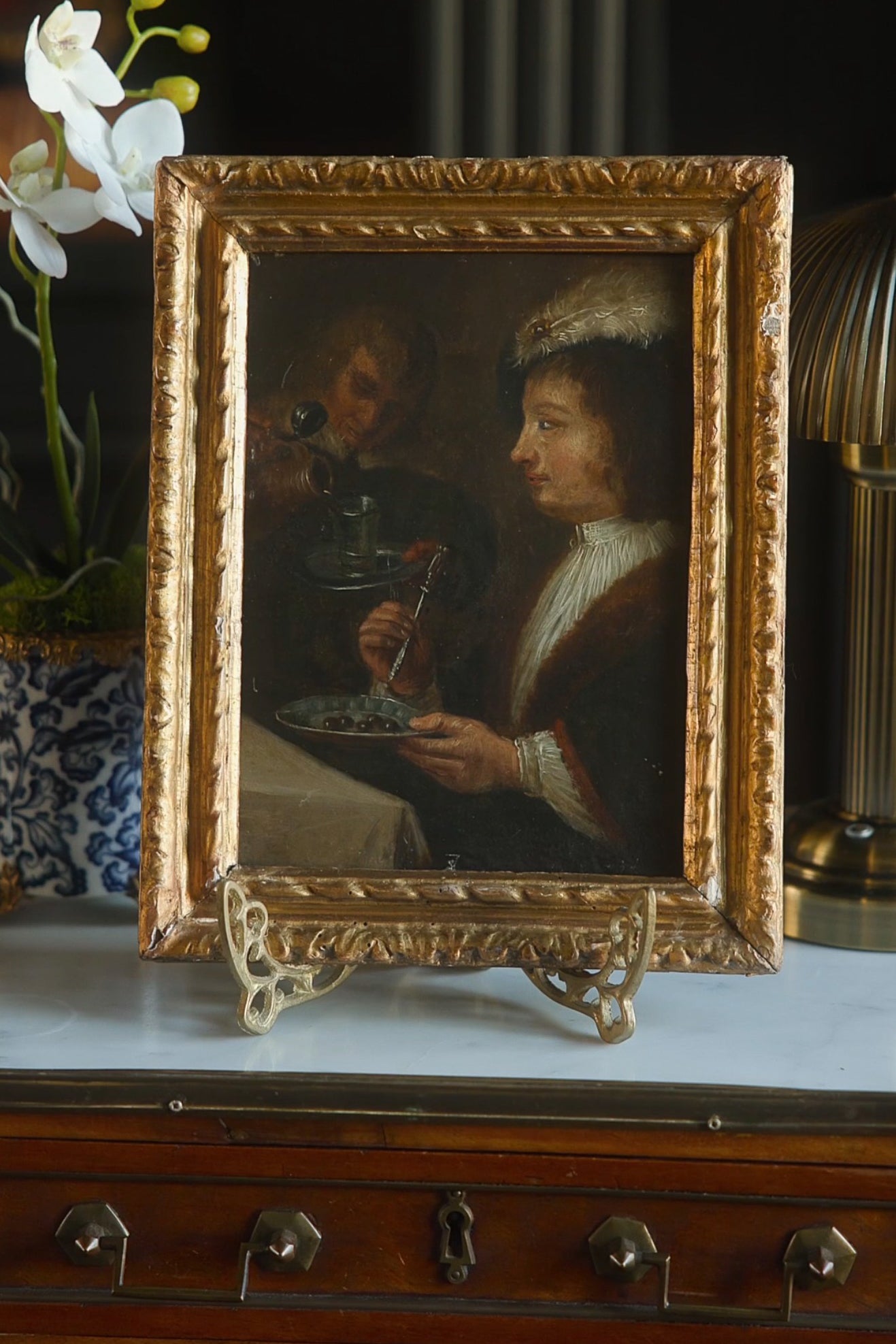 19th C. Continental Tavern Scene Oil Painting | Dutch School of Art Scene | Hand Carved Gilt Frame