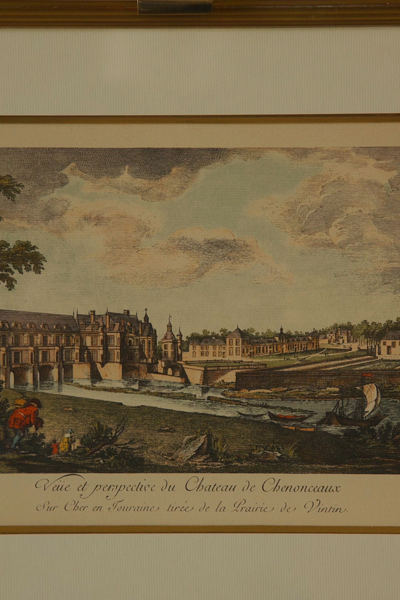 19th Century French Hand Colored View of Chateau De Chenonceau, After 18th Century View