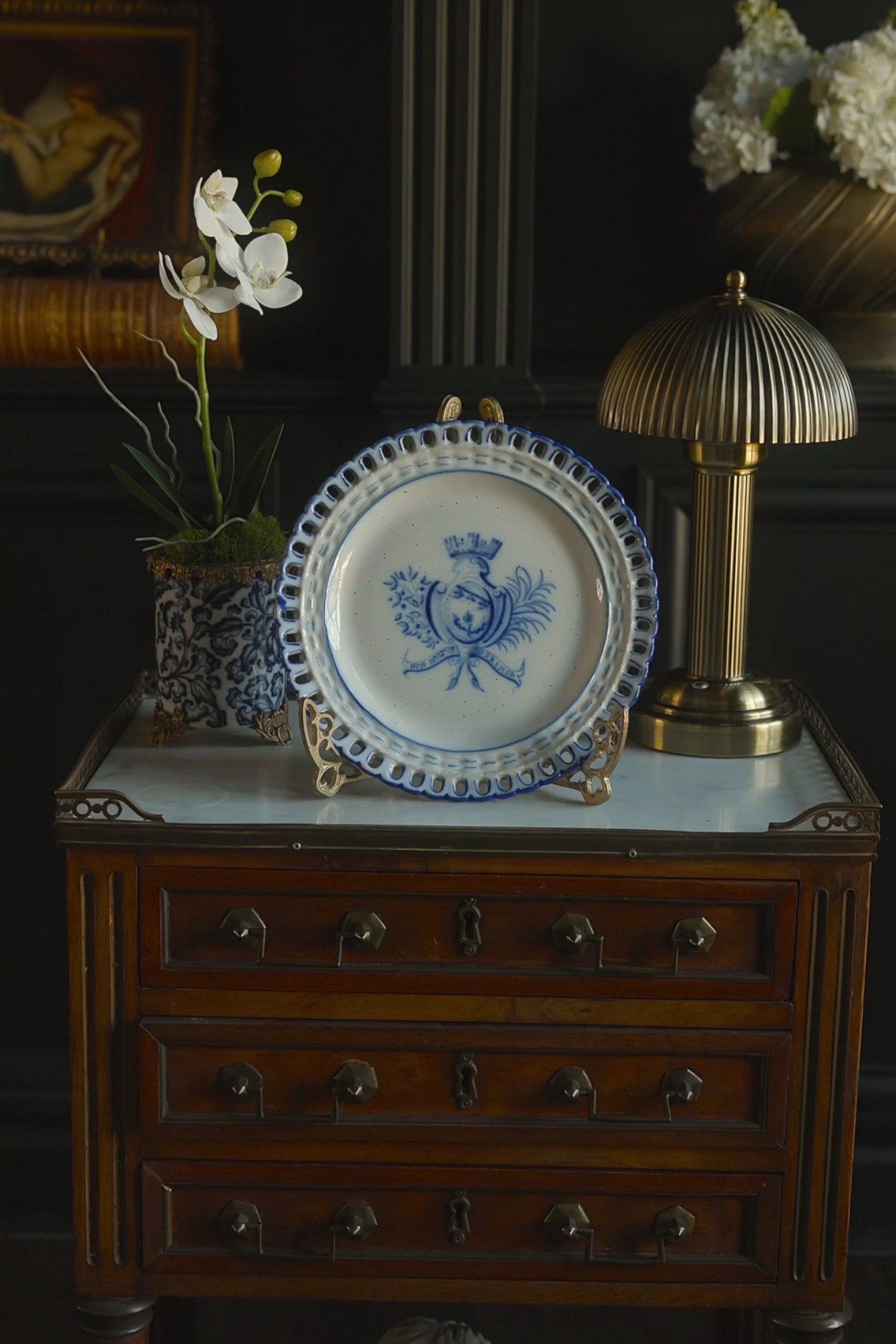 19th Century French Galle Nancy Faience Armorial Plate with Reticulated Border