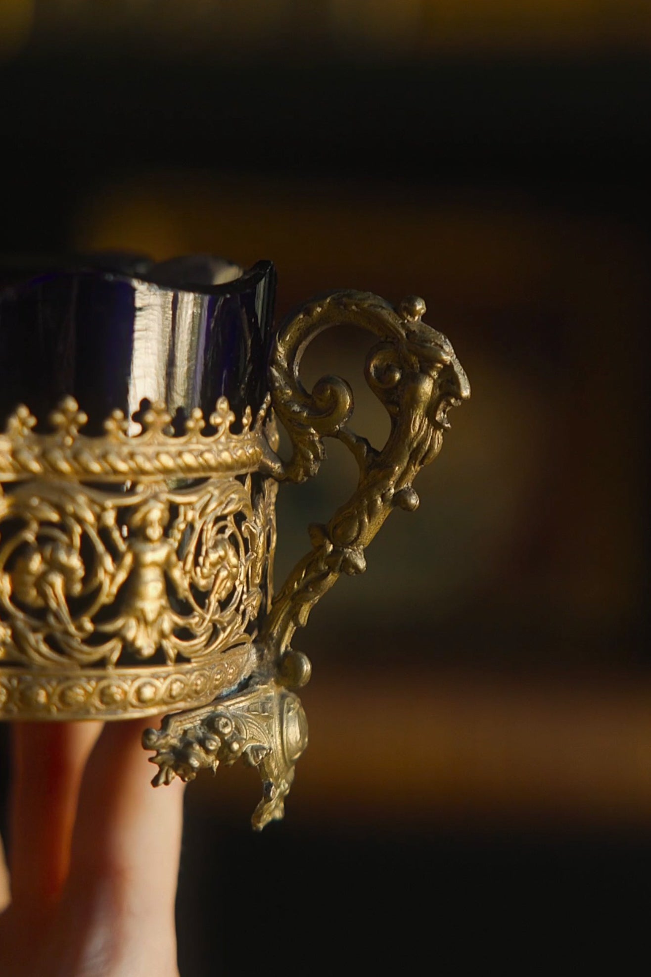 19th Century French Gilt Caged Cobalt Glass Jardiniere