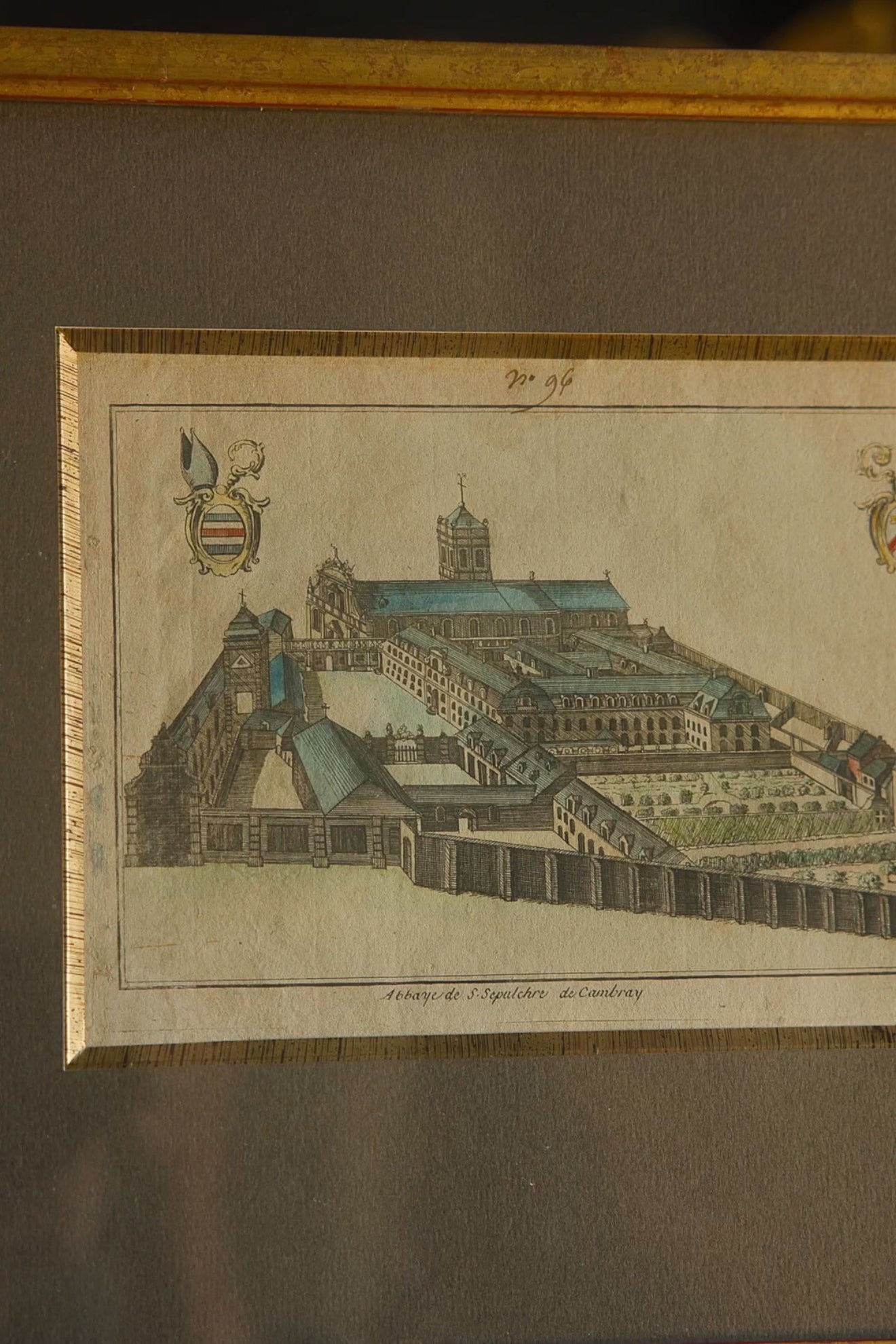 19th C. French Hand Colored Engraving of the Abbey of Saint Sepulcre de Cambrai