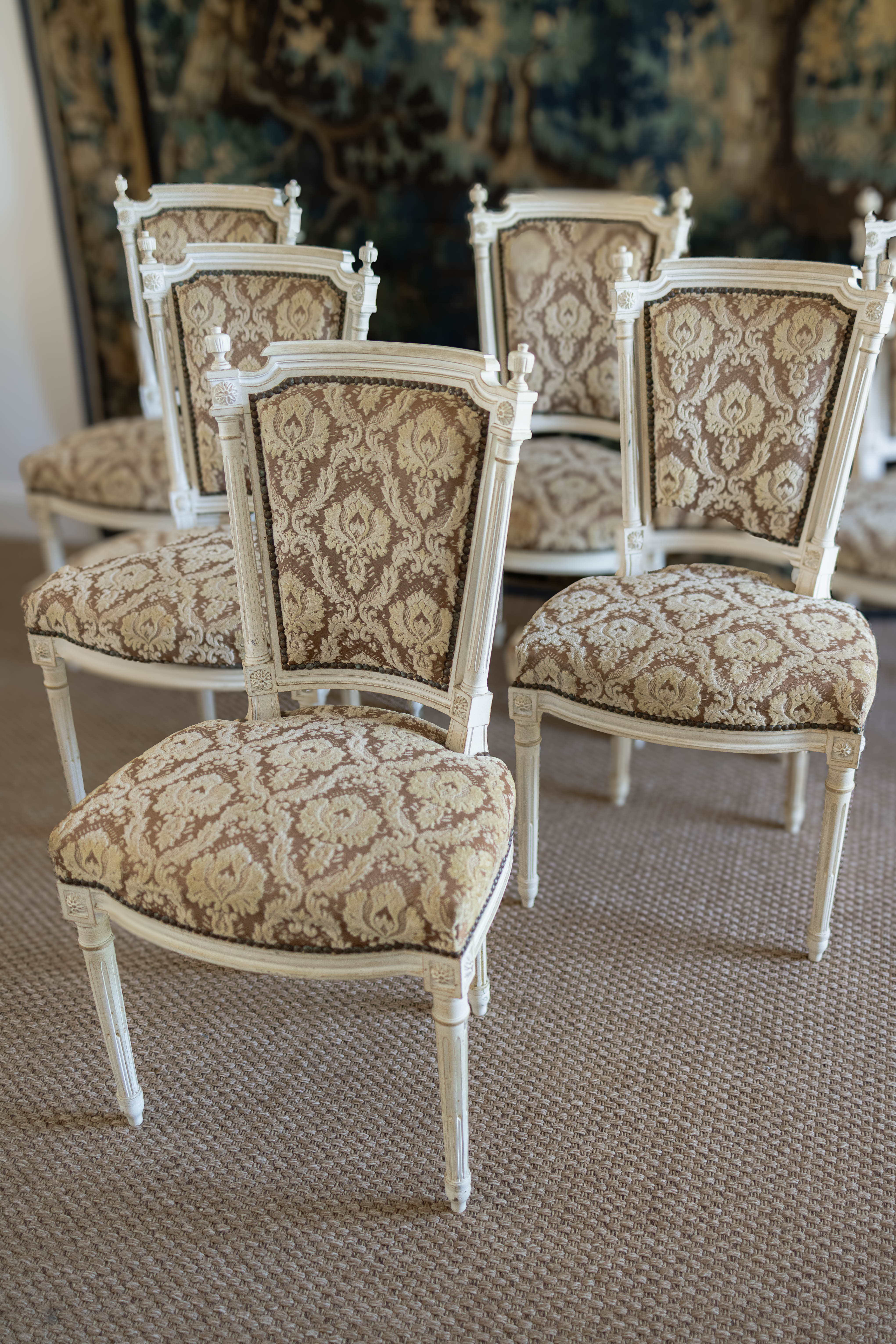 Set of Six Louis XVI-Style Painted Dining Chairs with Damask Upholstery