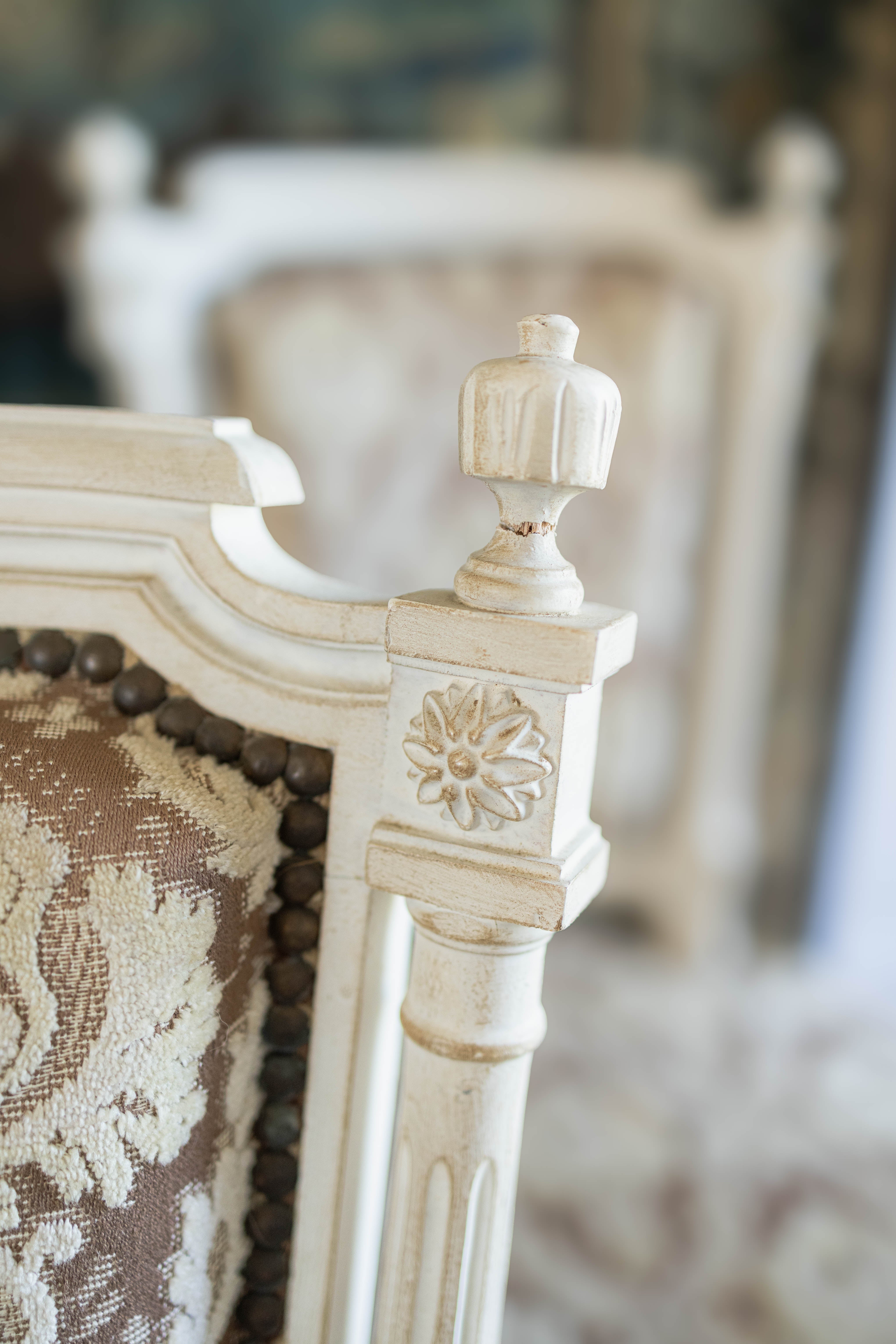 Set of Six Louis XVI-Style Painted Dining Chairs with Damask Upholstery