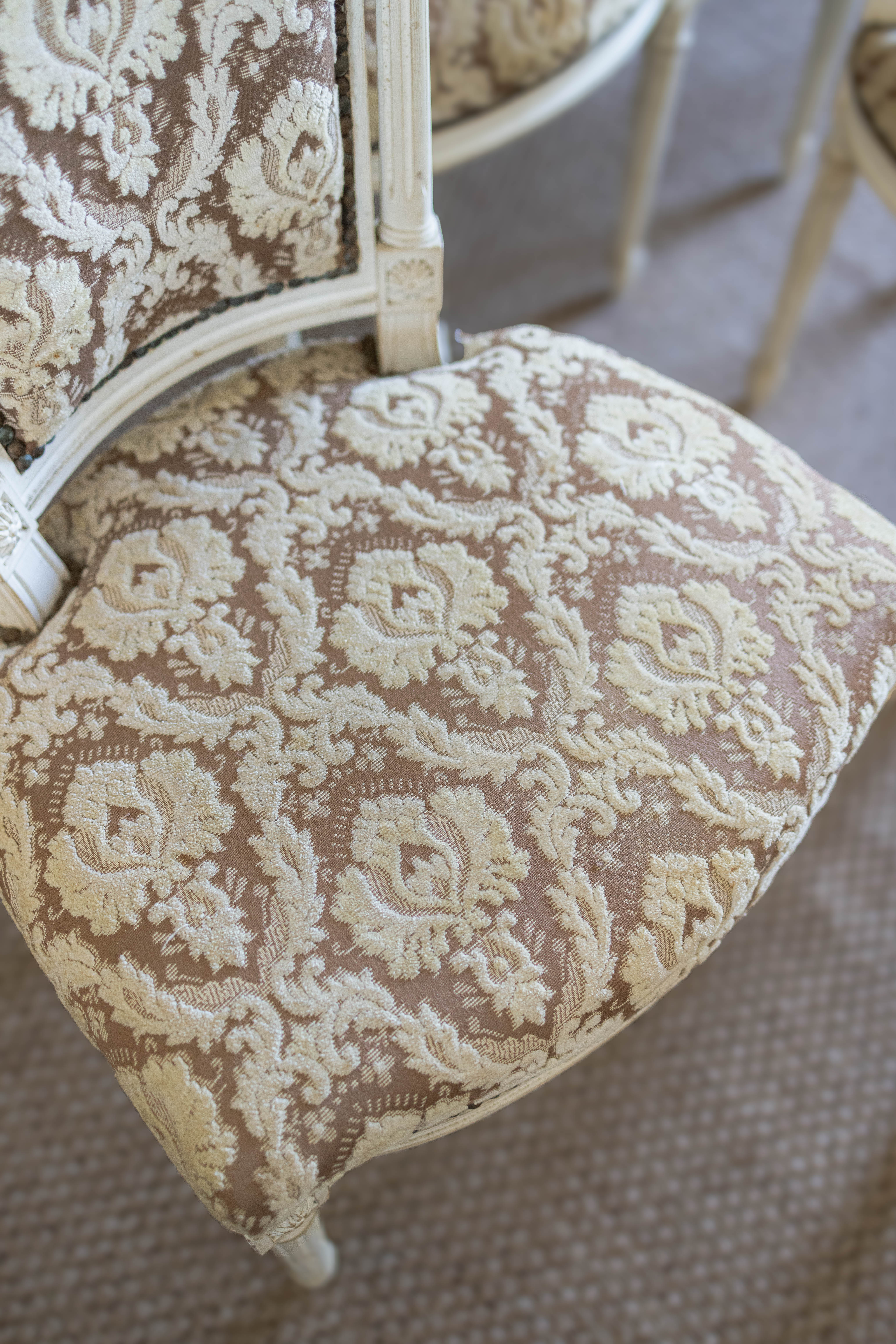 Set of Six Louis XVI-Style Painted Dining Chairs with Damask Upholstery