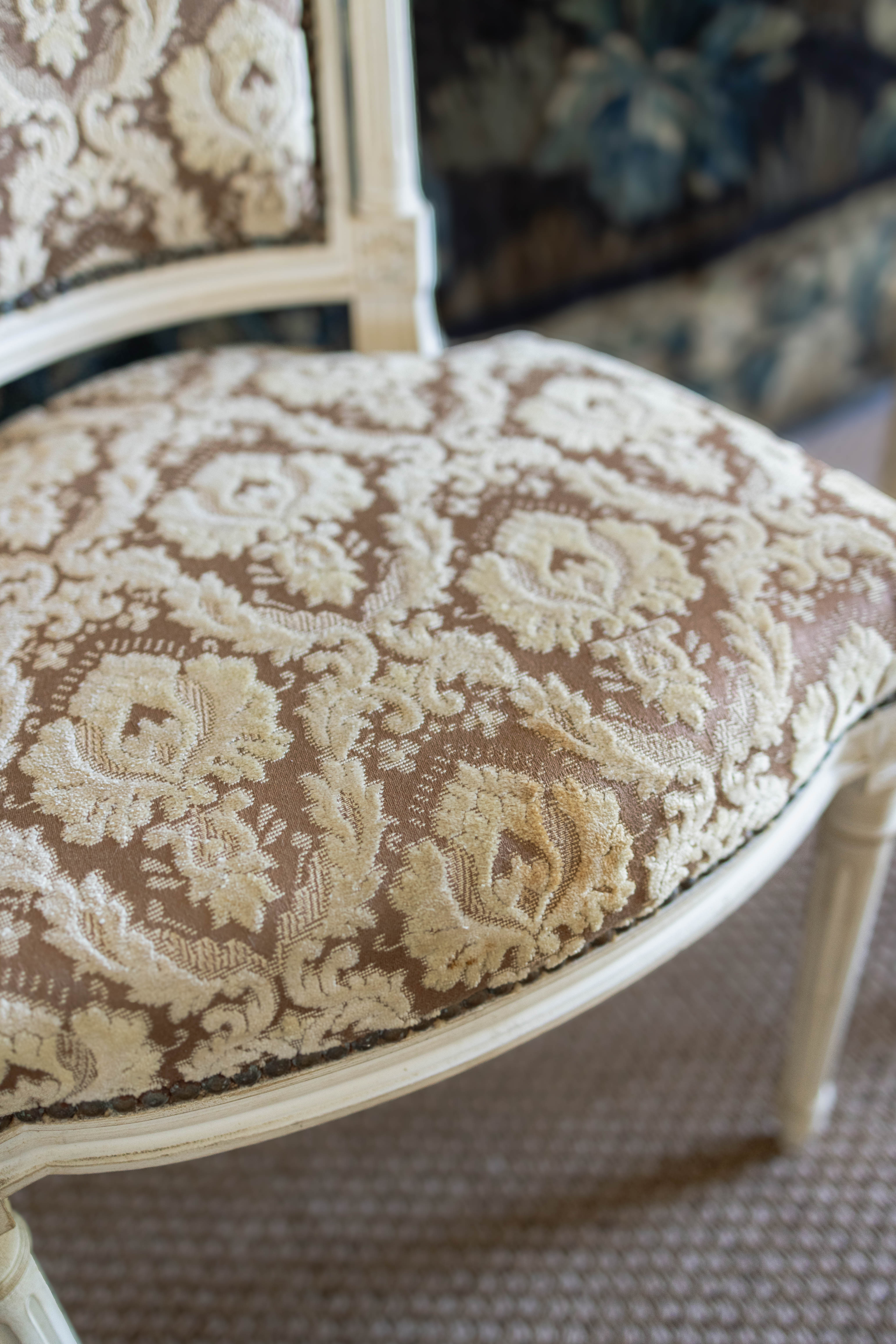 Set of Six Louis XVI-Style Painted Dining Chairs with Damask Upholstery