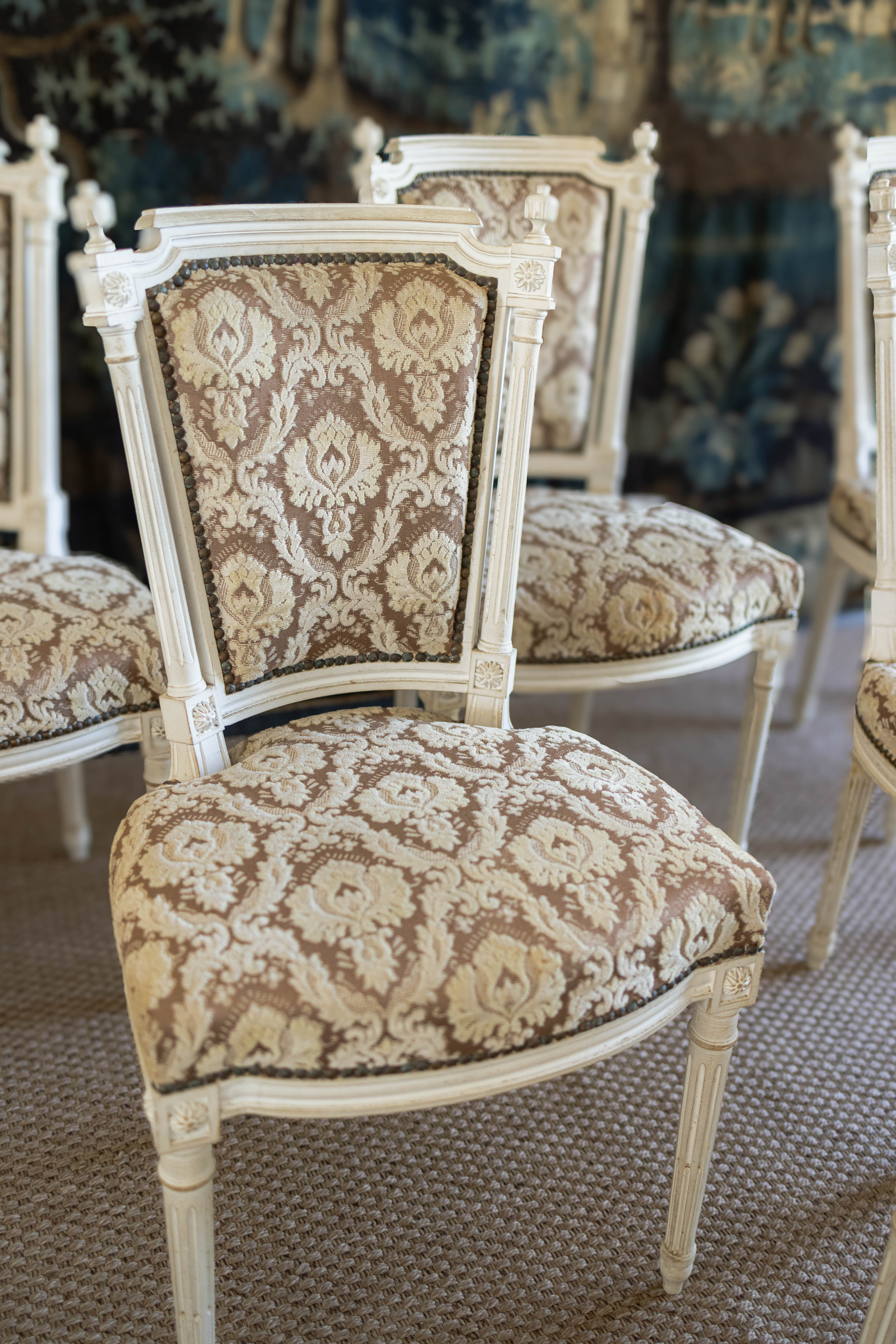 Set of Six Louis XVI-Style Painted Dining Chairs with Damask Upholstery