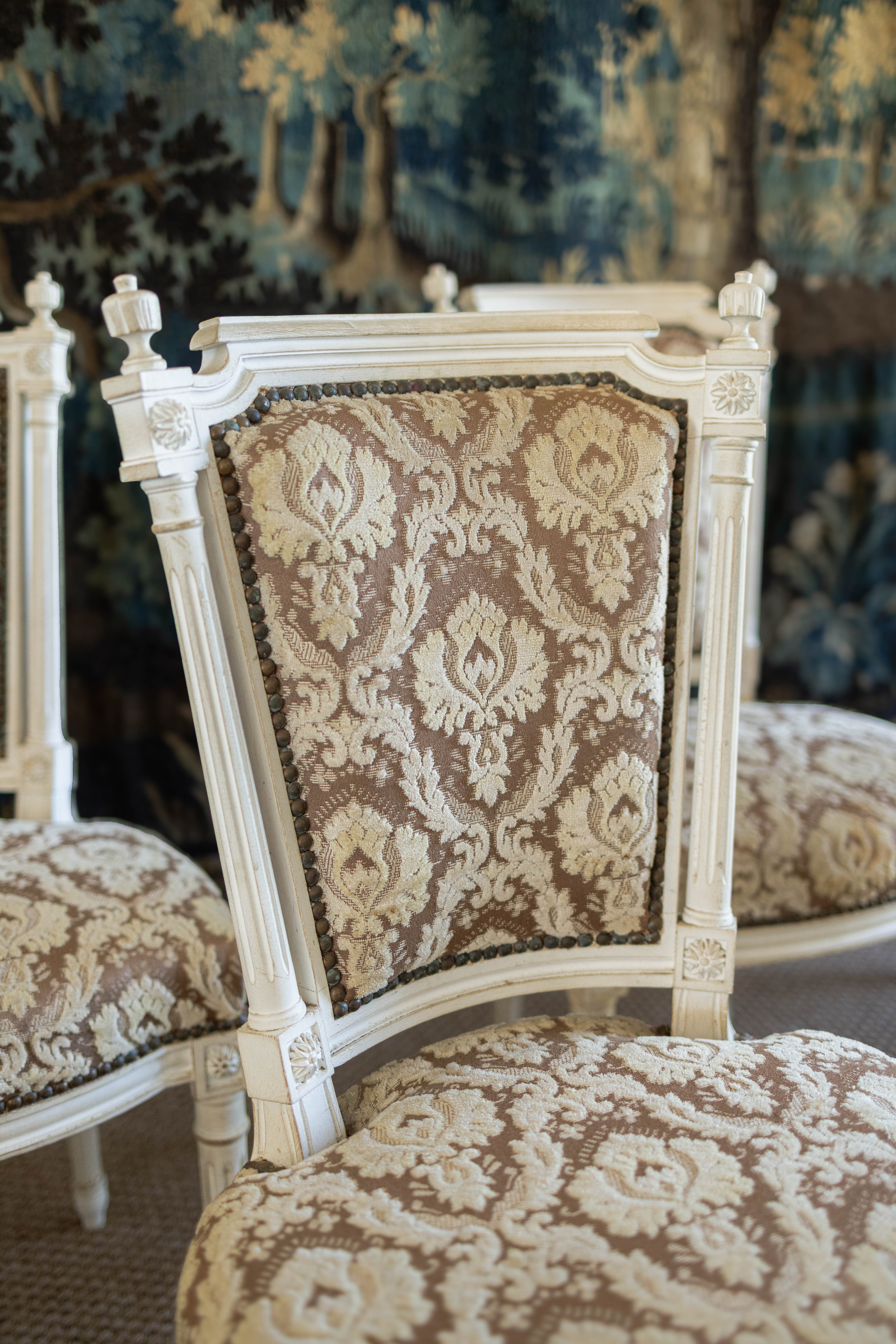 Set of Six Louis XVI-Style Painted Dining Chairs with Damask Upholstery