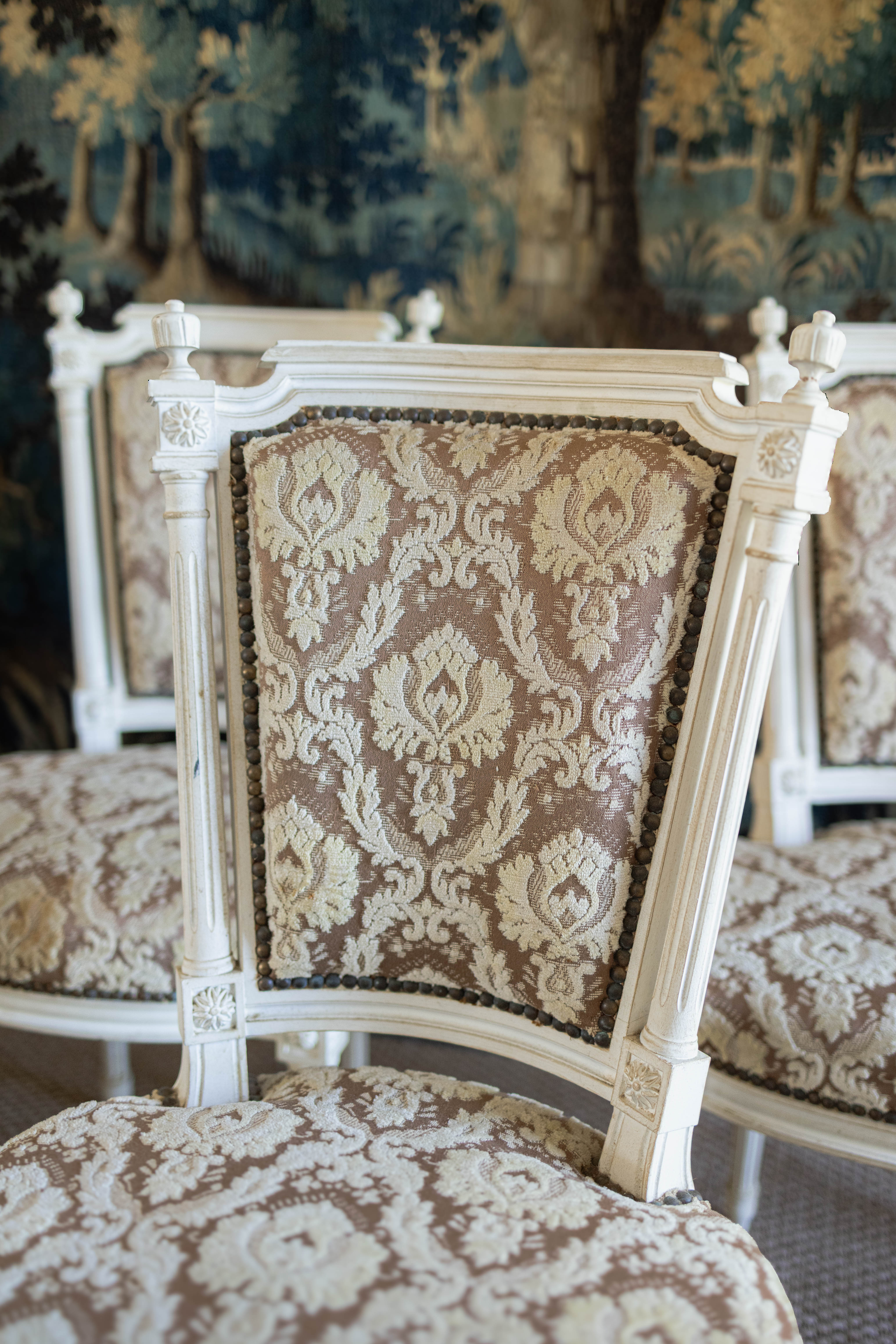 Set of Six Louis XVI-Style Painted Dining Chairs with Damask Upholstery