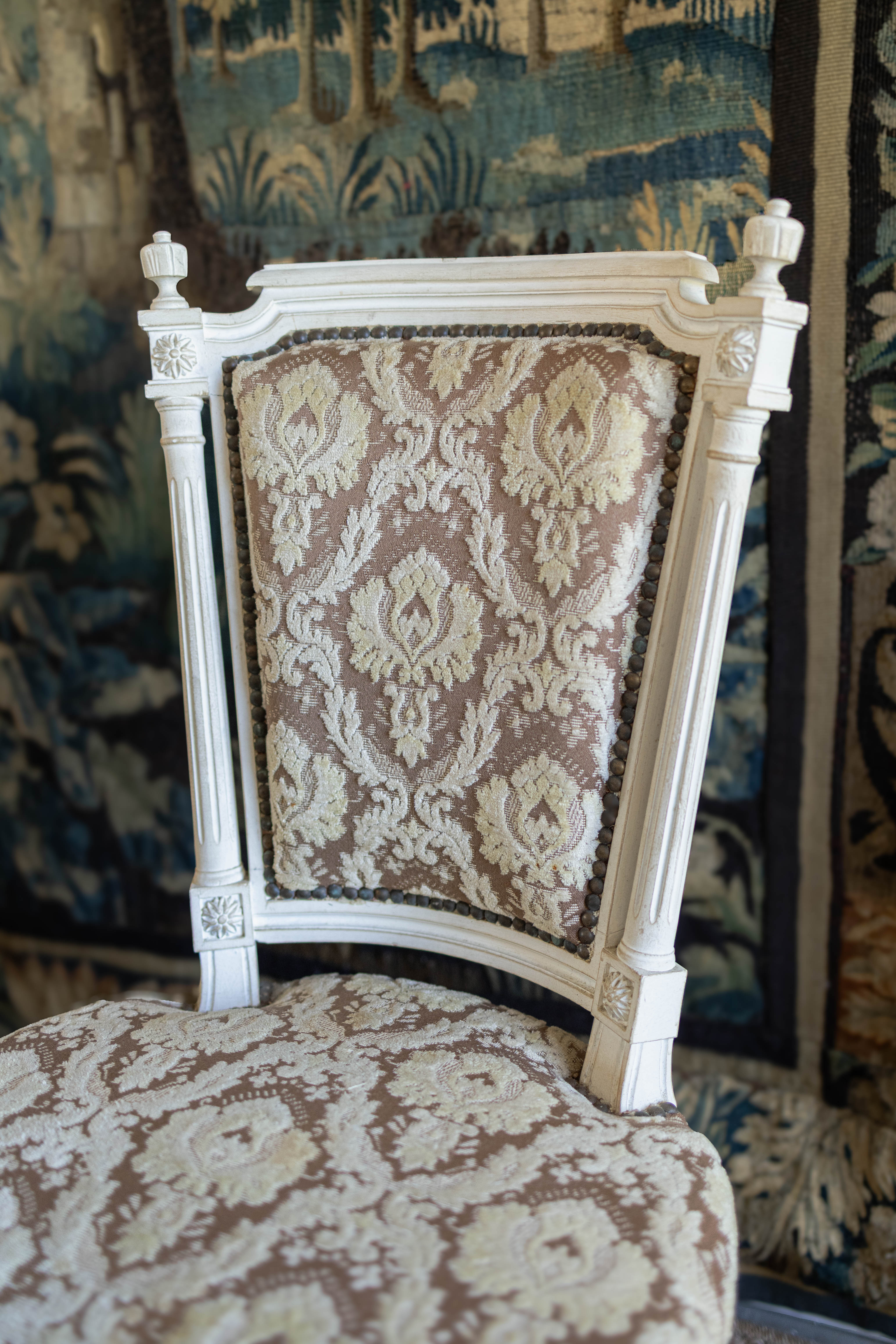 Set of Six Louis XVI-Style Painted Dining Chairs with Damask Upholstery
