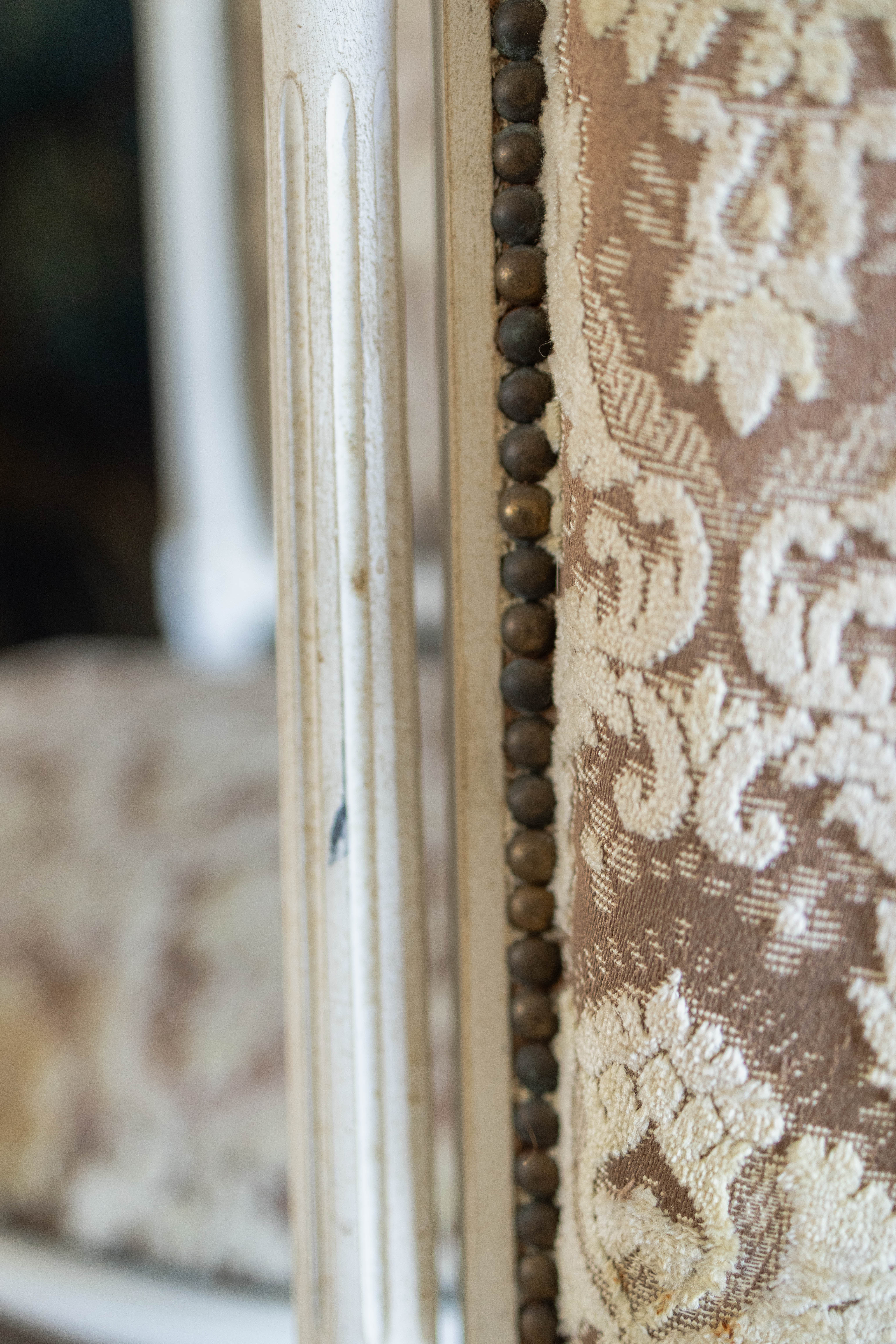 Set of Six Louis XVI-Style Painted Dining Chairs with Damask Upholstery