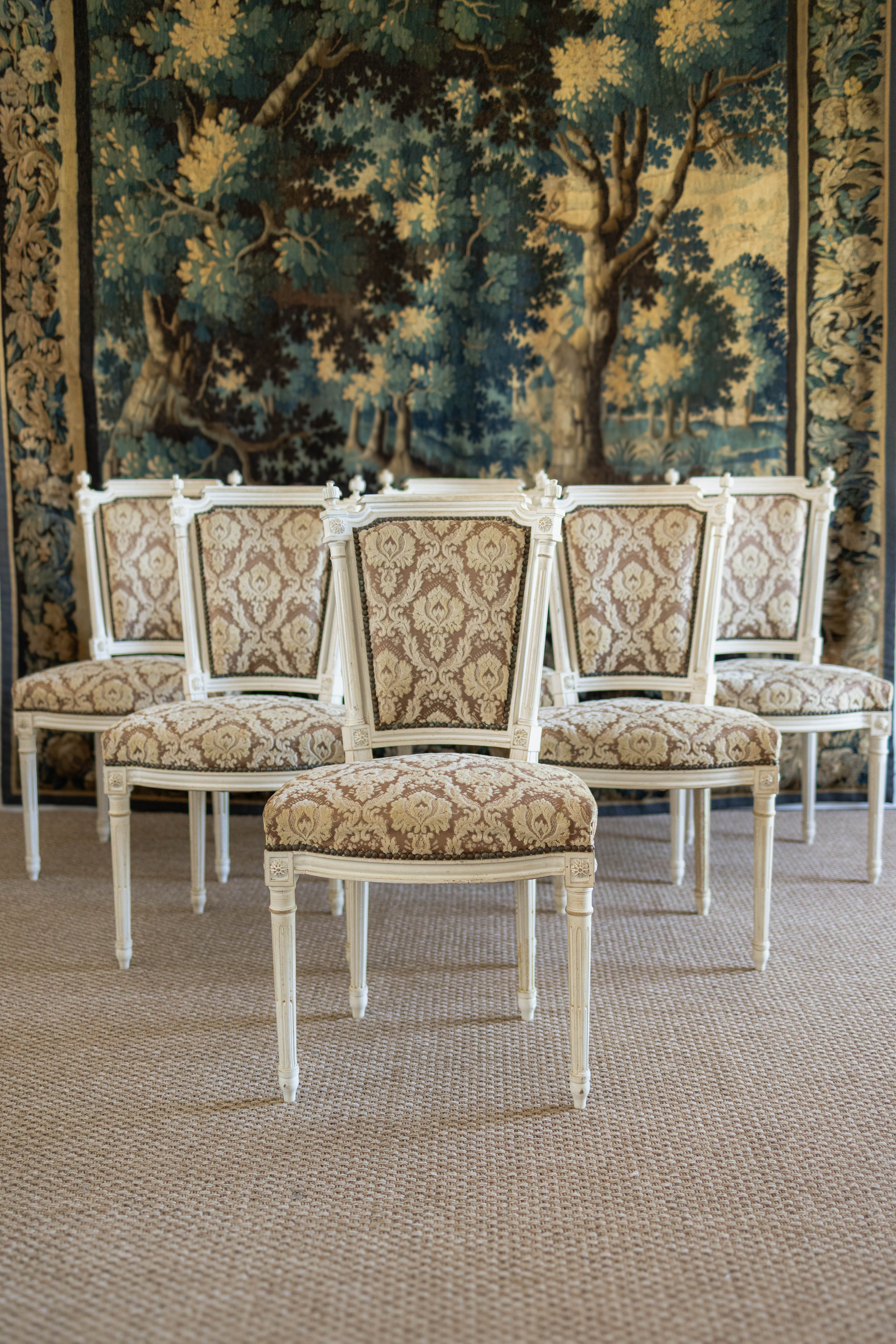 Set of Six Louis XVI-Style Painted Dining Chairs with Damask Upholstery