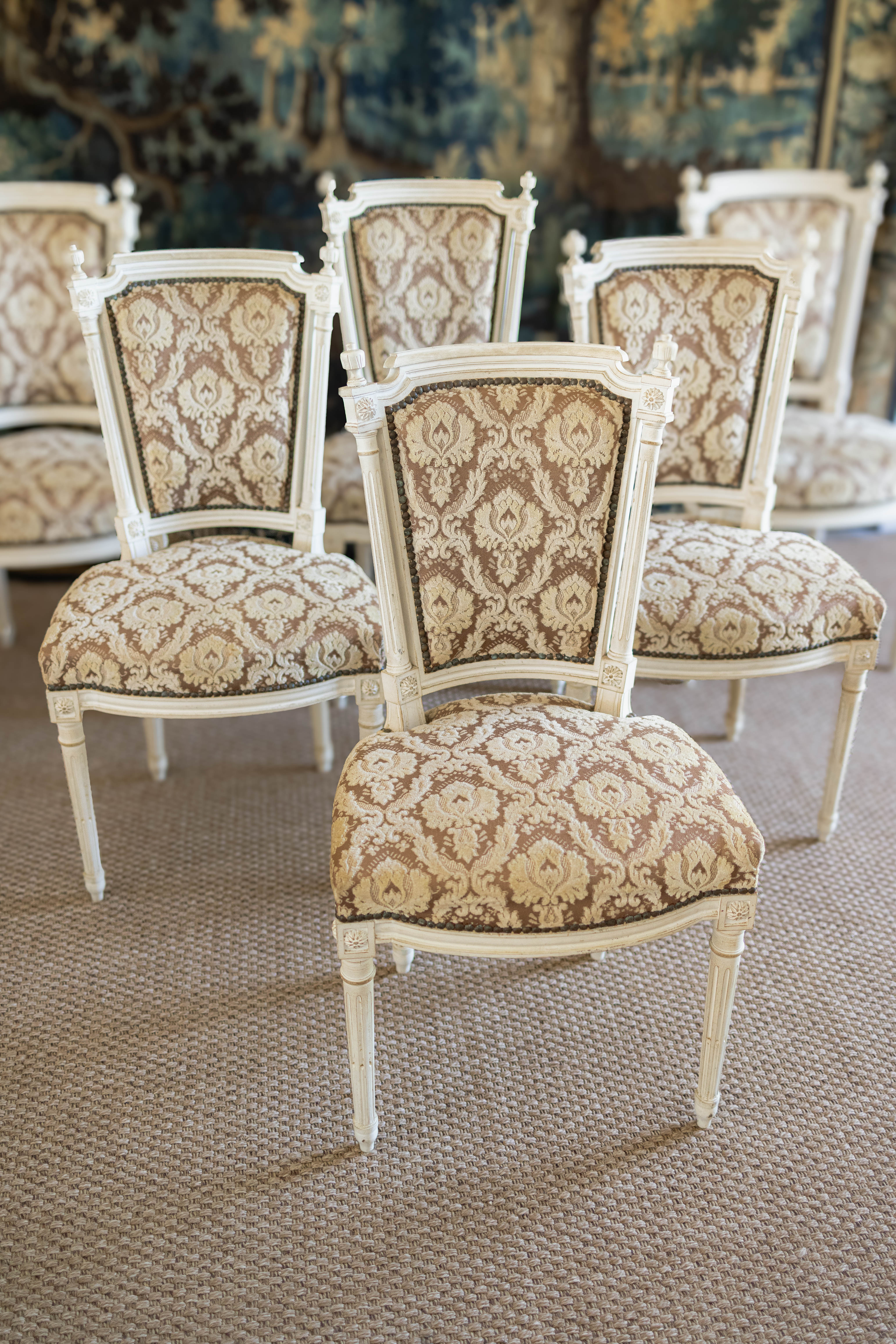 Set of Six Louis XVI-Style Painted Dining Chairs with Damask Upholstery