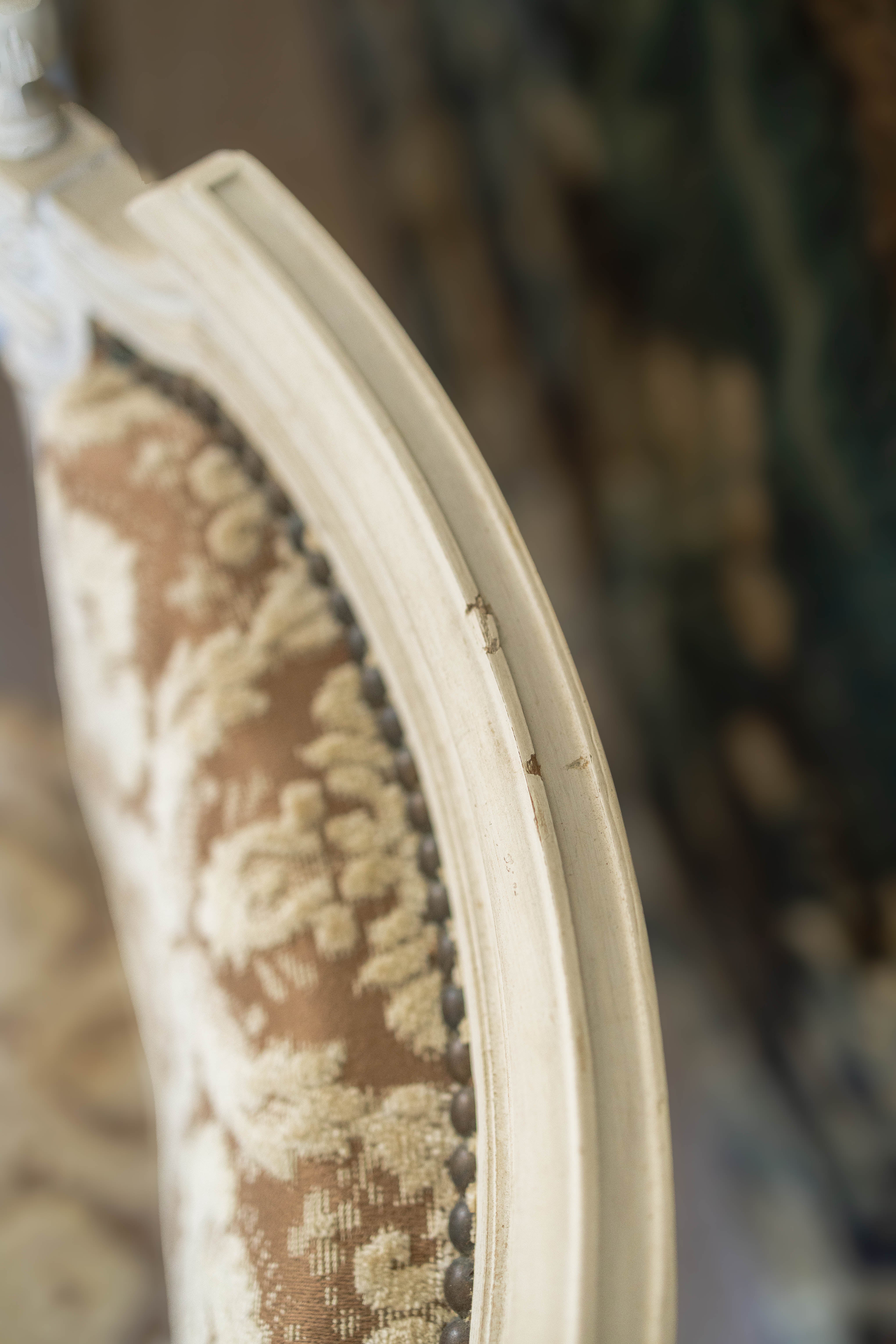 Set of Six Louis XVI-Style Painted Dining Chairs with Damask Upholstery