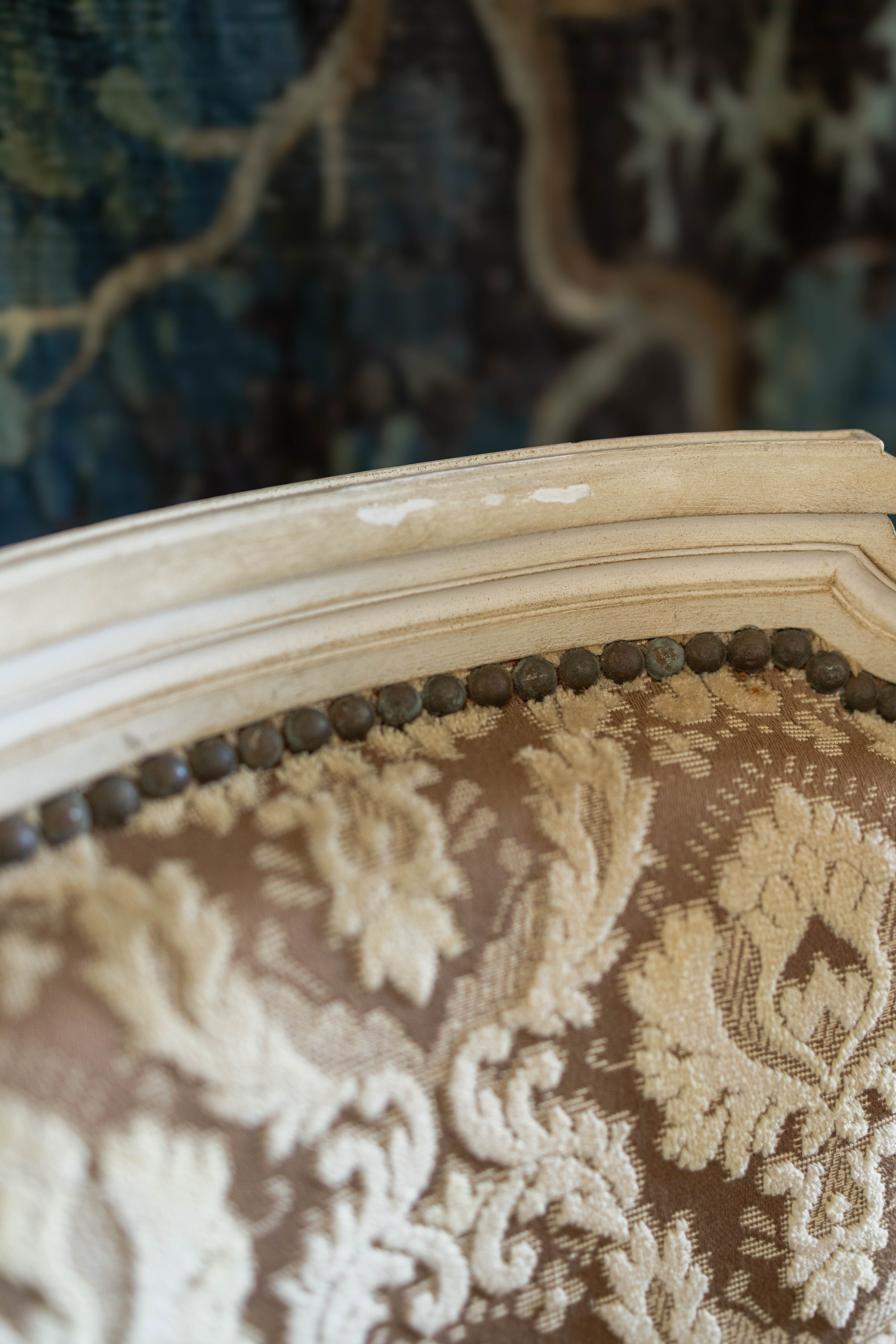 Set of Six Louis XVI-Style Painted Dining Chairs with Damask Upholstery