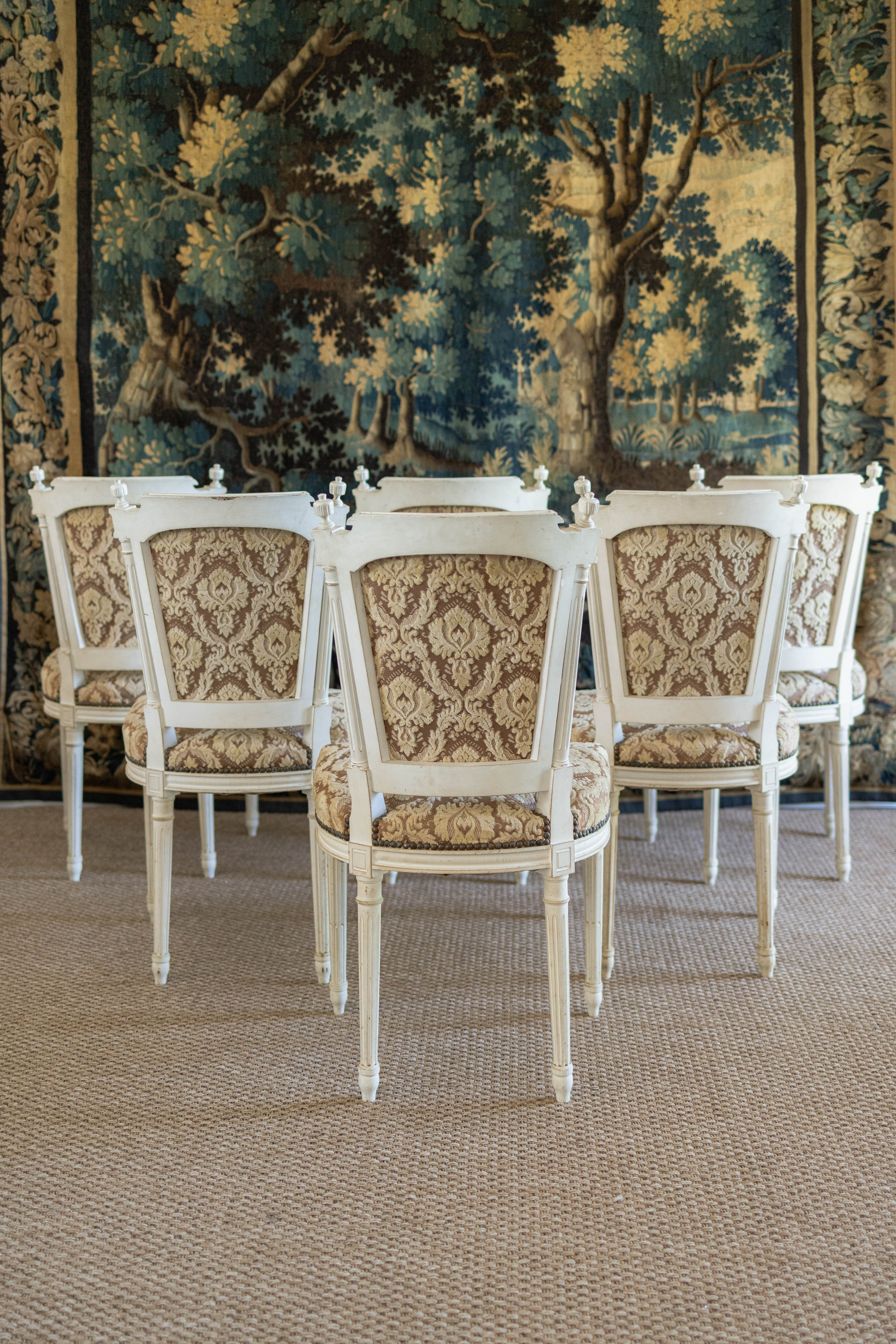 Set of Six Louis XVI-Style Painted Dining Chairs with Damask Upholstery