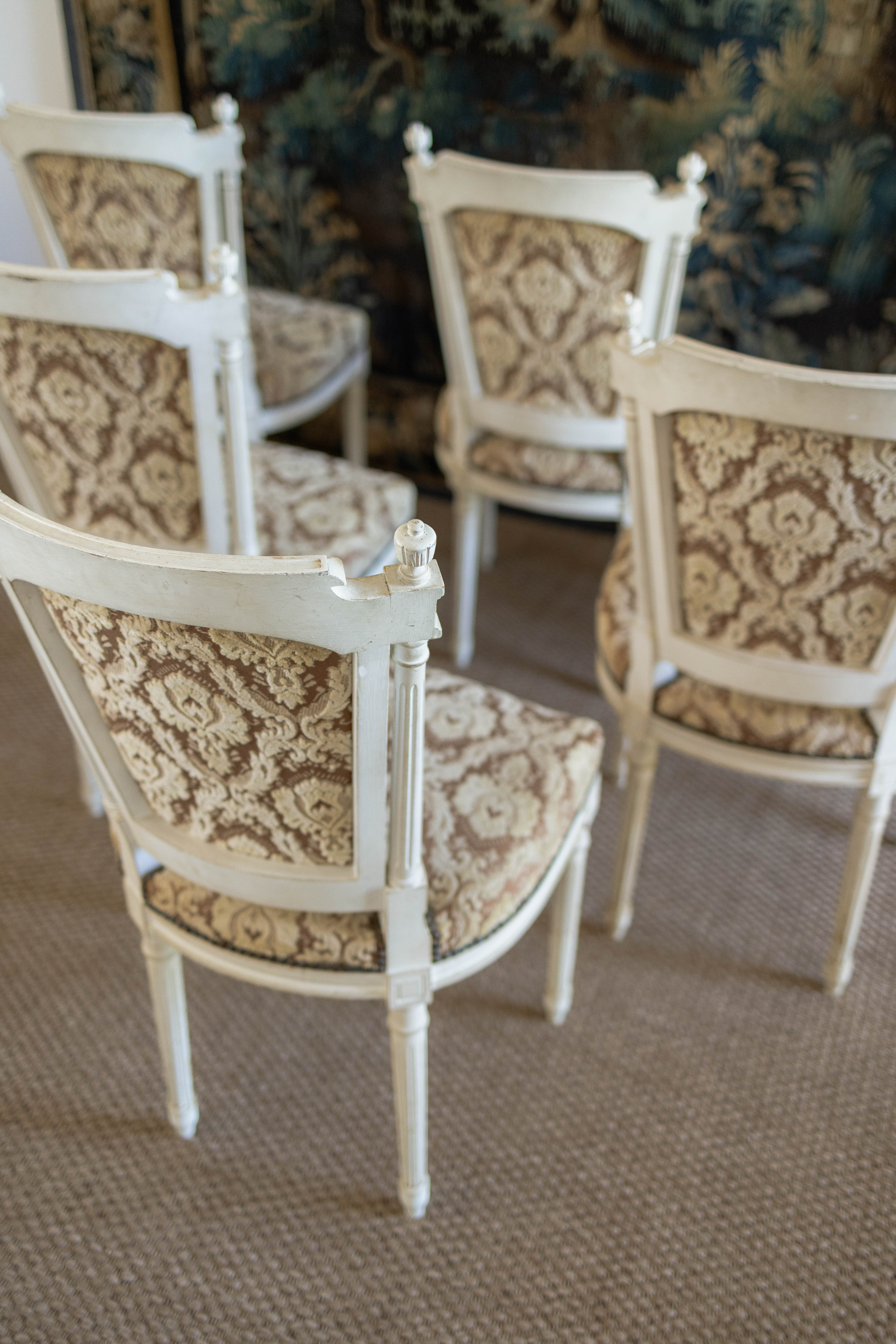 Set of Six Louis XVI-Style Painted Dining Chairs with Damask Upholstery