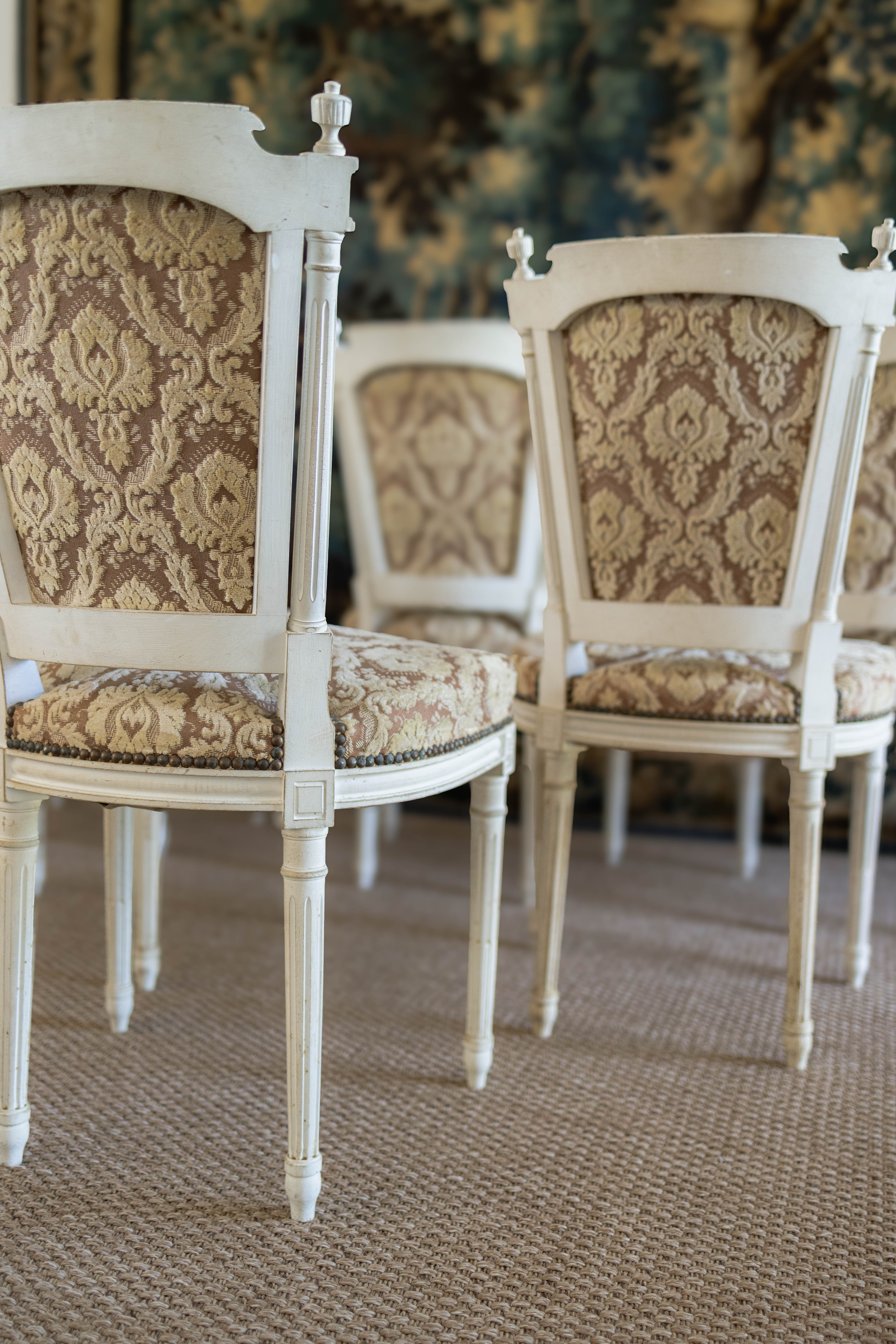 Set of Six Louis XVI-Style Painted Dining Chairs with Damask Upholstery