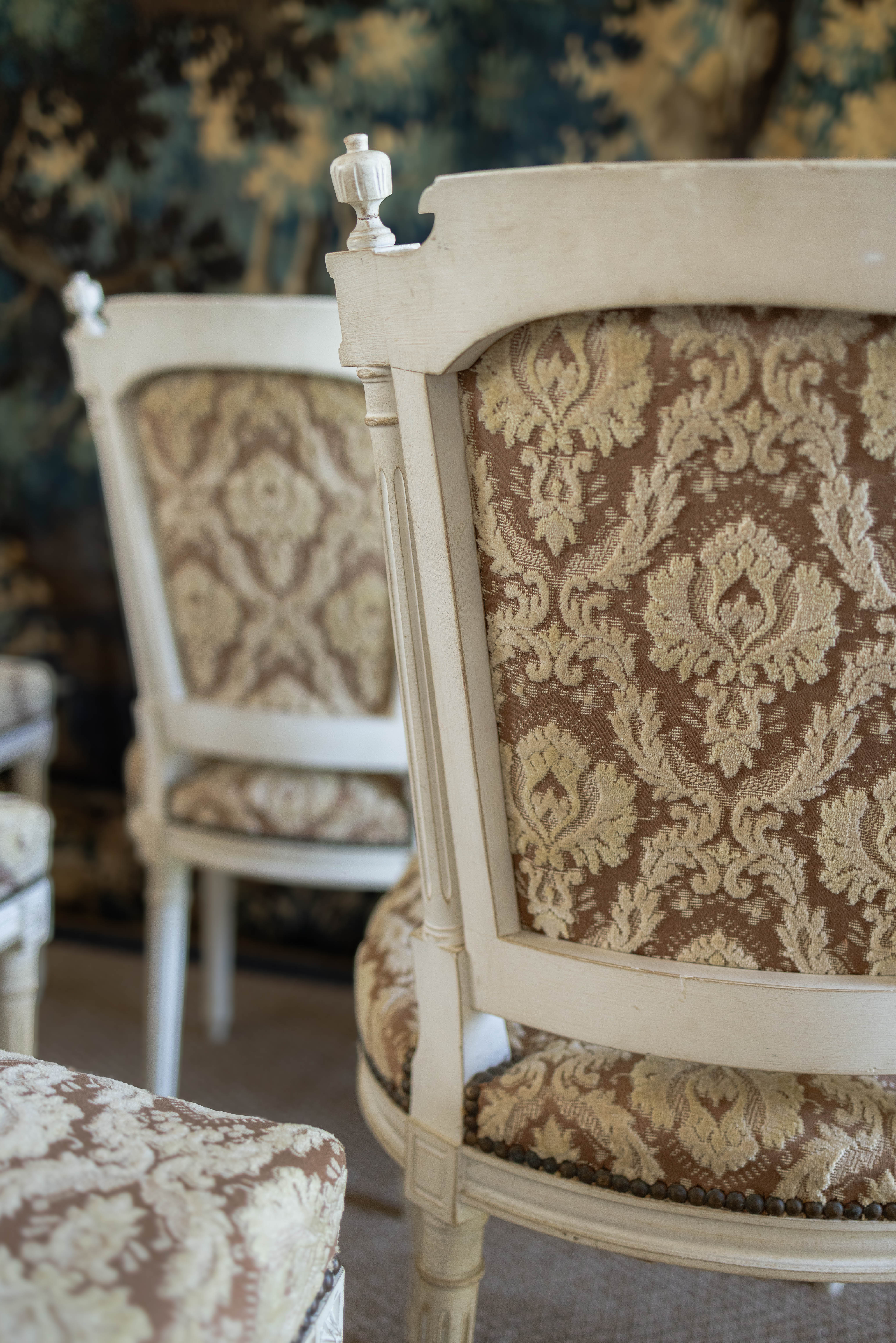 Set of Six Louis XVI-Style Painted Dining Chairs with Damask Upholstery