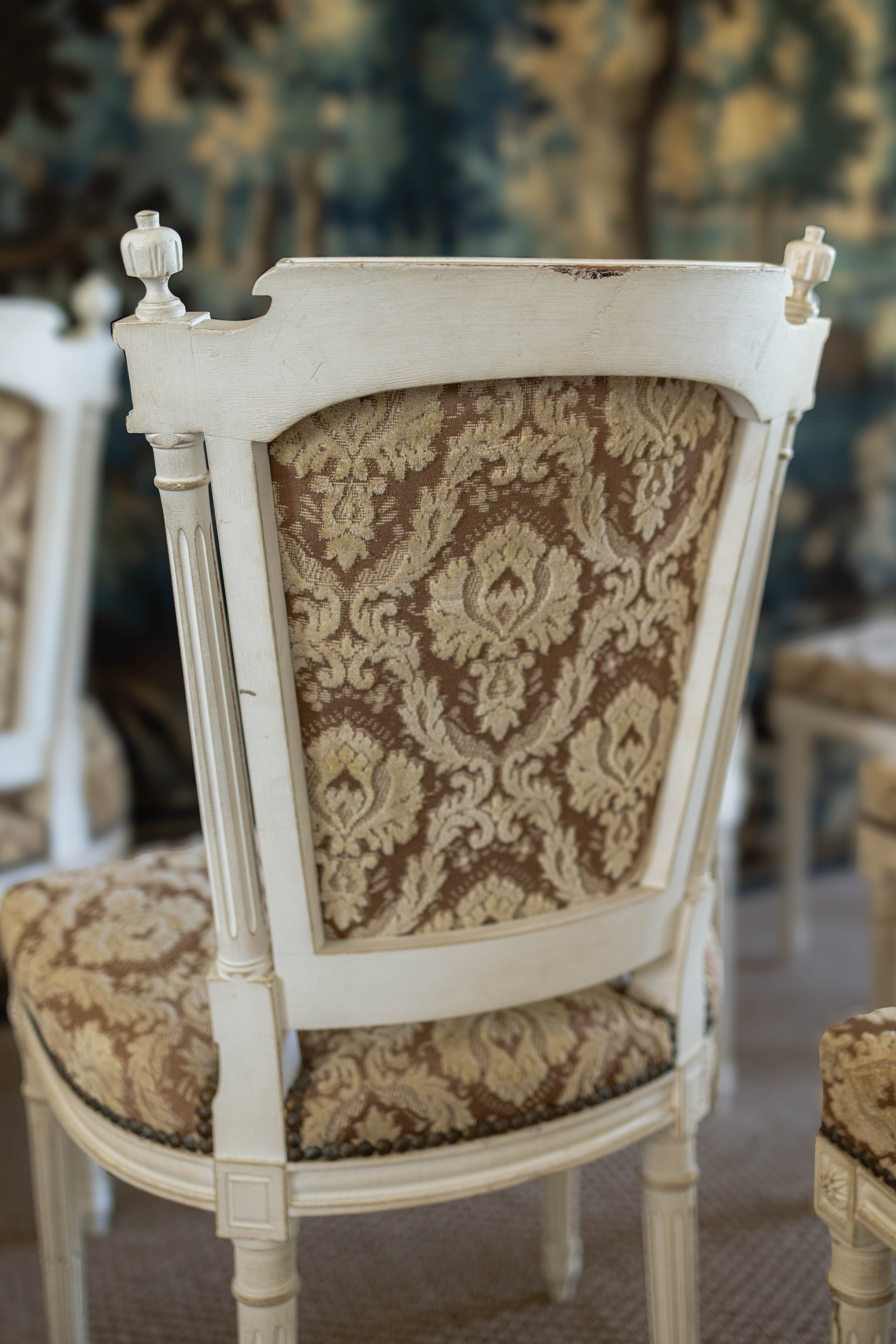 Set of Six Louis XVI-Style Painted Dining Chairs with Damask Upholstery
