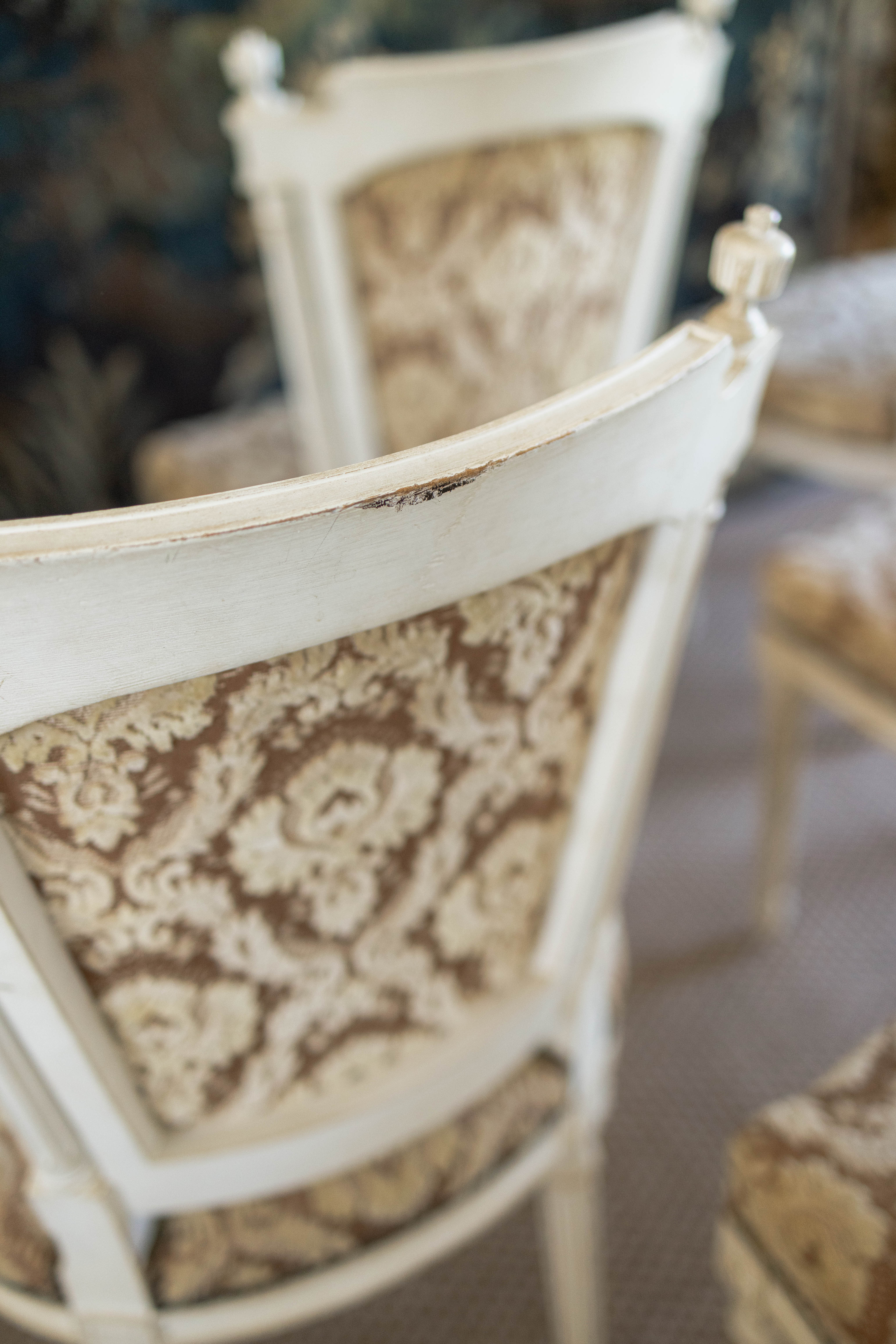 Set of Six Louis XVI-Style Painted Dining Chairs with Damask Upholstery