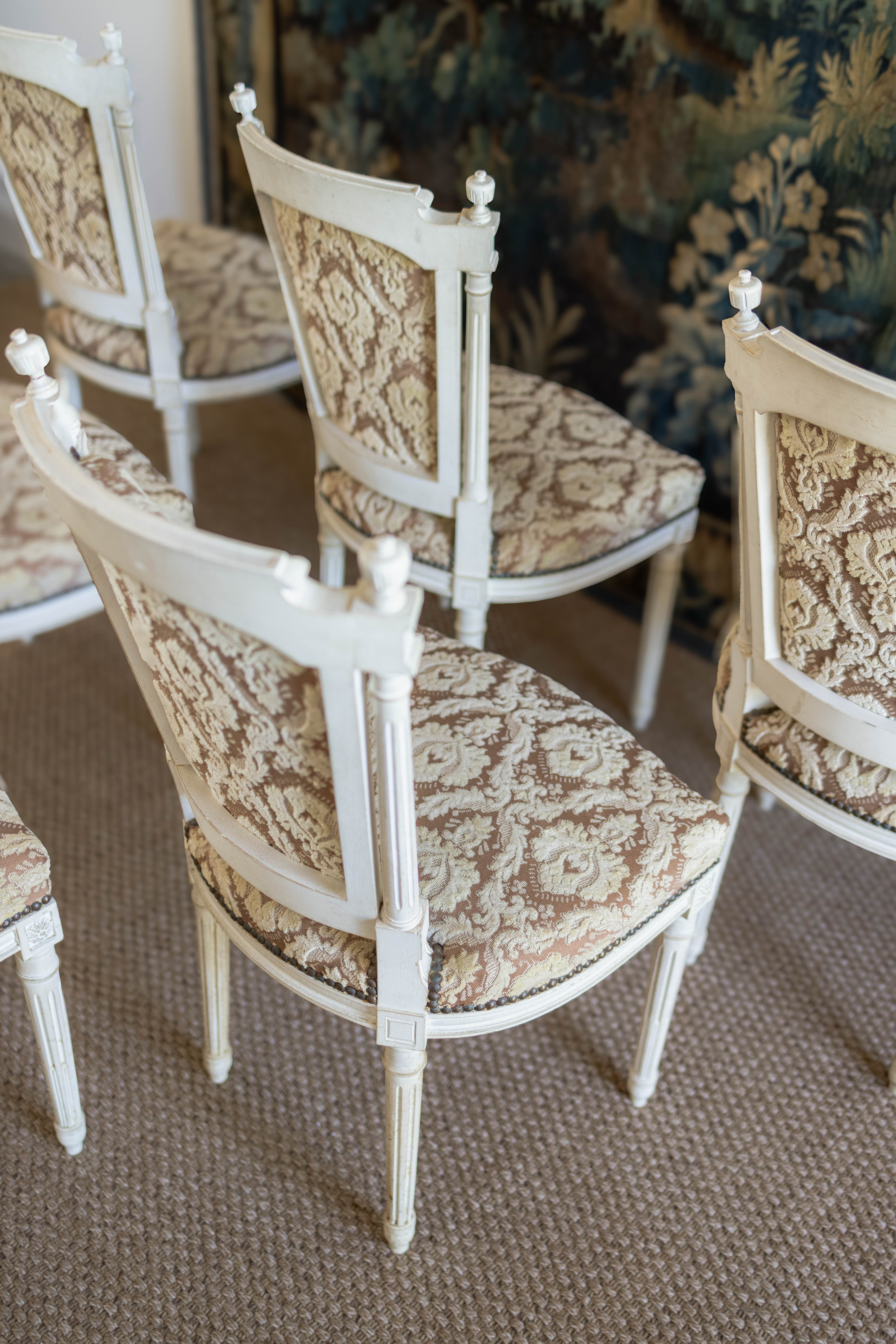 Set of Six Louis XVI-Style Painted Dining Chairs with Damask Upholstery