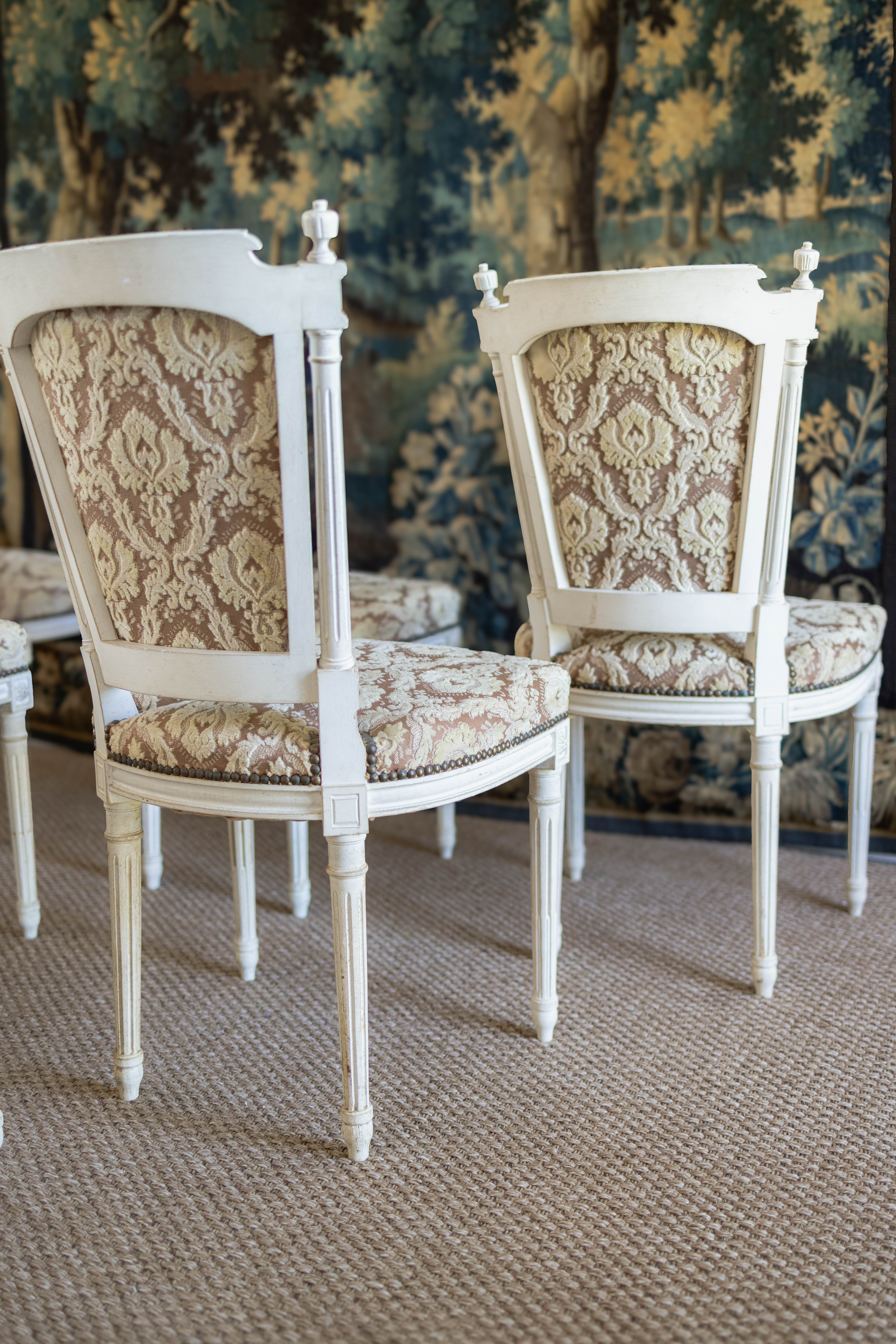Set of Six Louis XVI-Style Painted Dining Chairs with Damask Upholstery