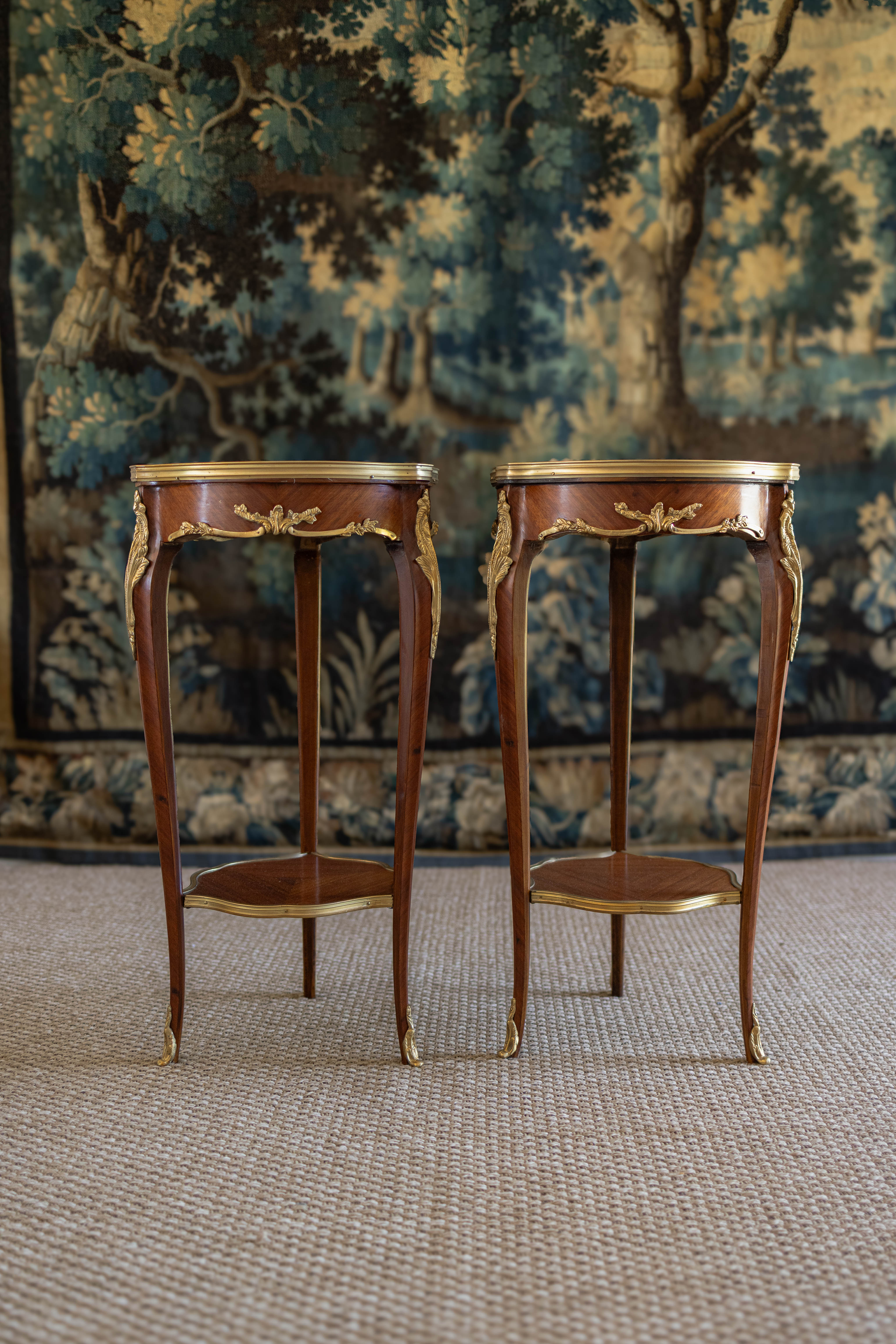 Pair of Louis XV–Style Ormolu-Mounted Marble-Top Pedestal Tables