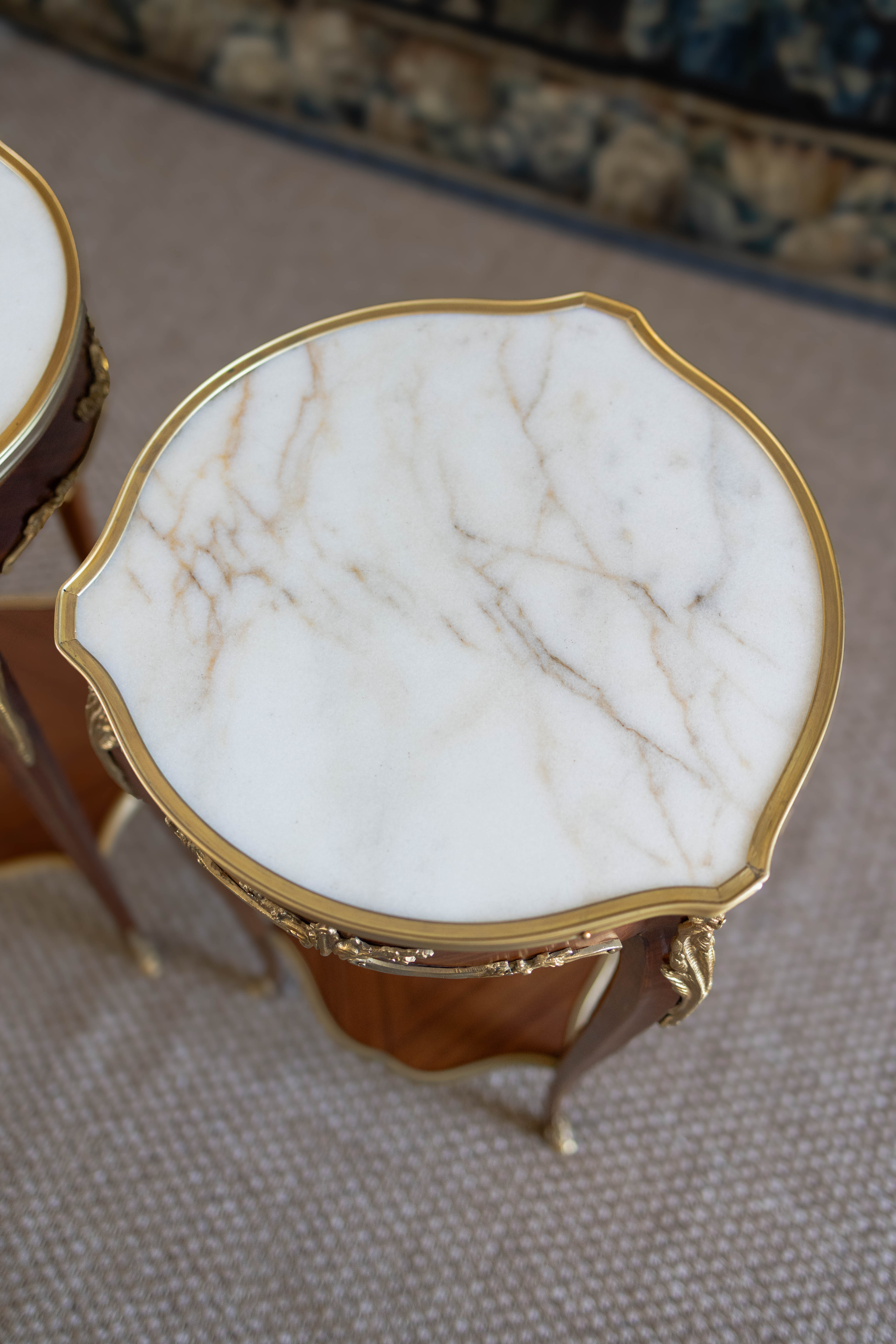 Pair of Louis XV–Style Ormolu-Mounted Marble-Top Pedestal Tables