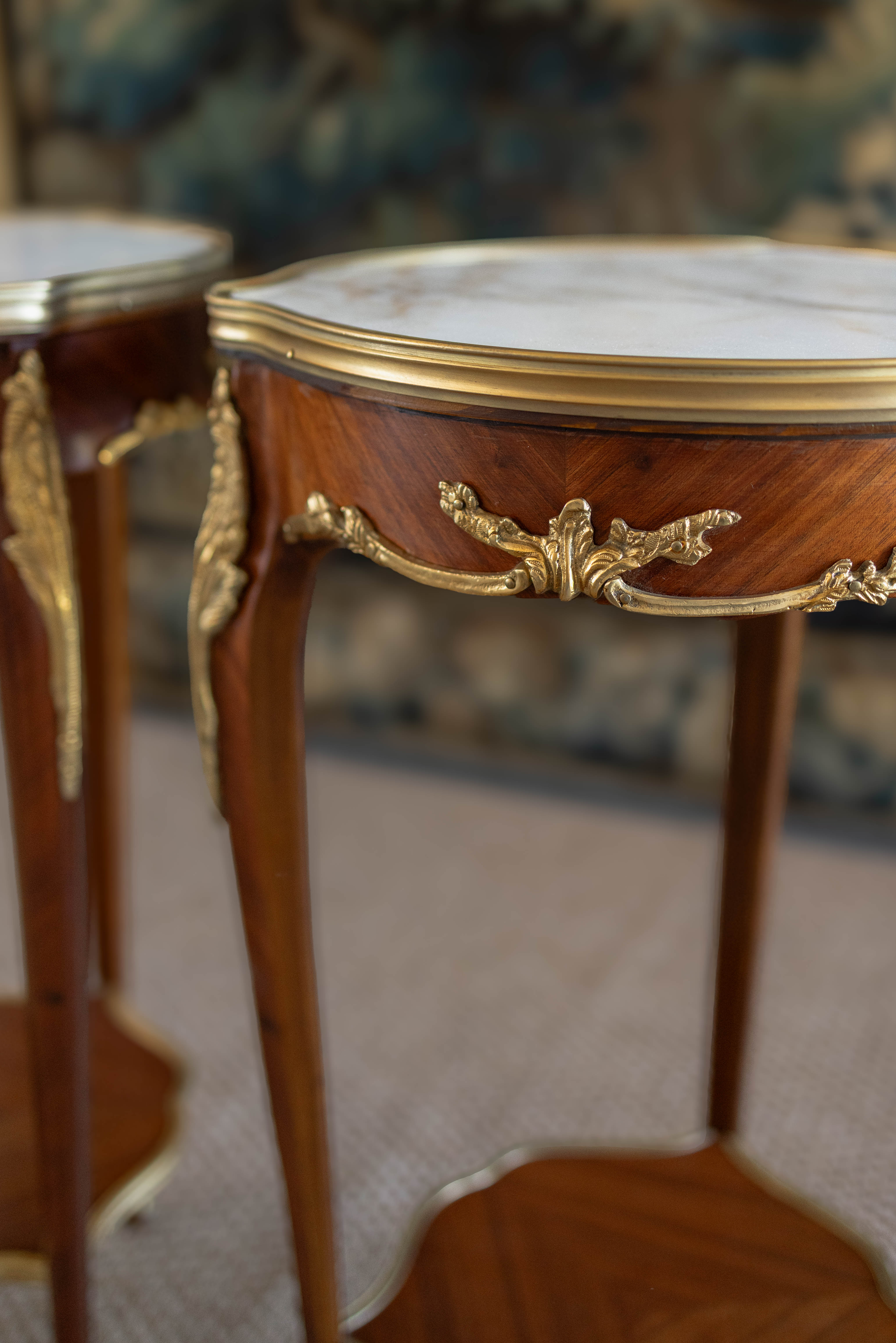 Pair of Louis XV–Style Ormolu-Mounted Marble-Top Pedestal Tables