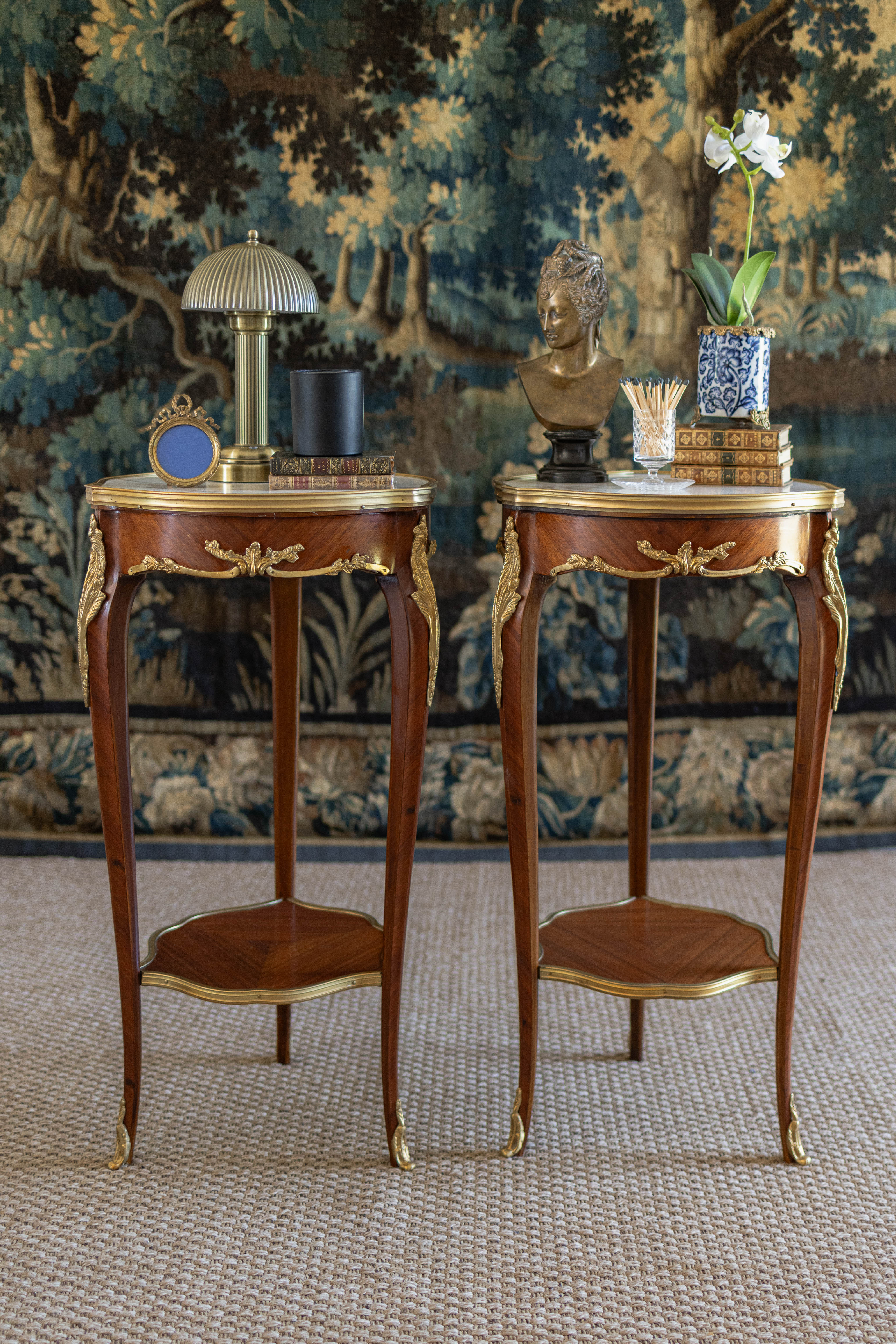 Pair of Louis XV–Style Ormolu-Mounted Marble-Top Pedestal Tables