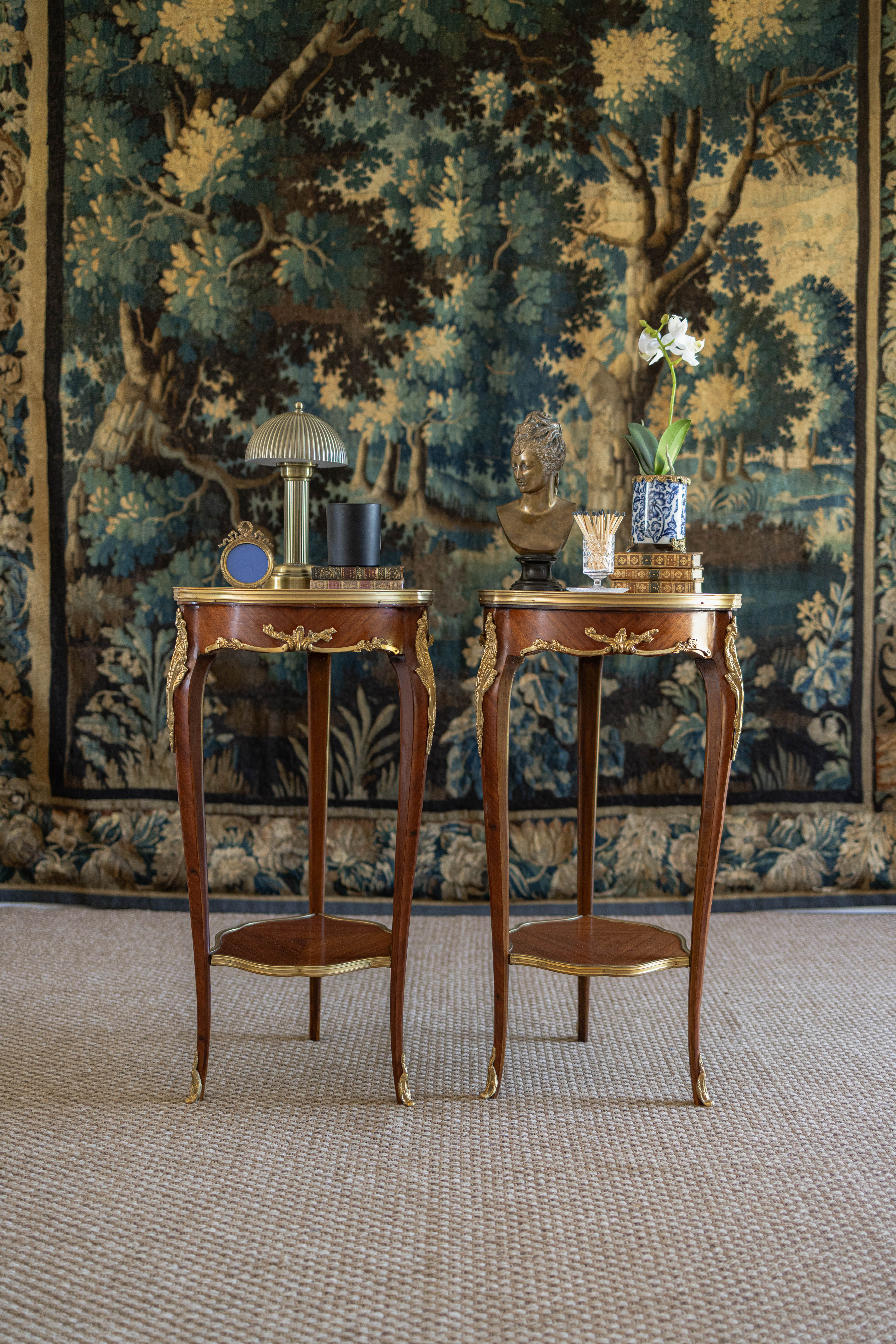 Pair of Louis XV–Style Ormolu-Mounted Marble-Top Pedestal Tables