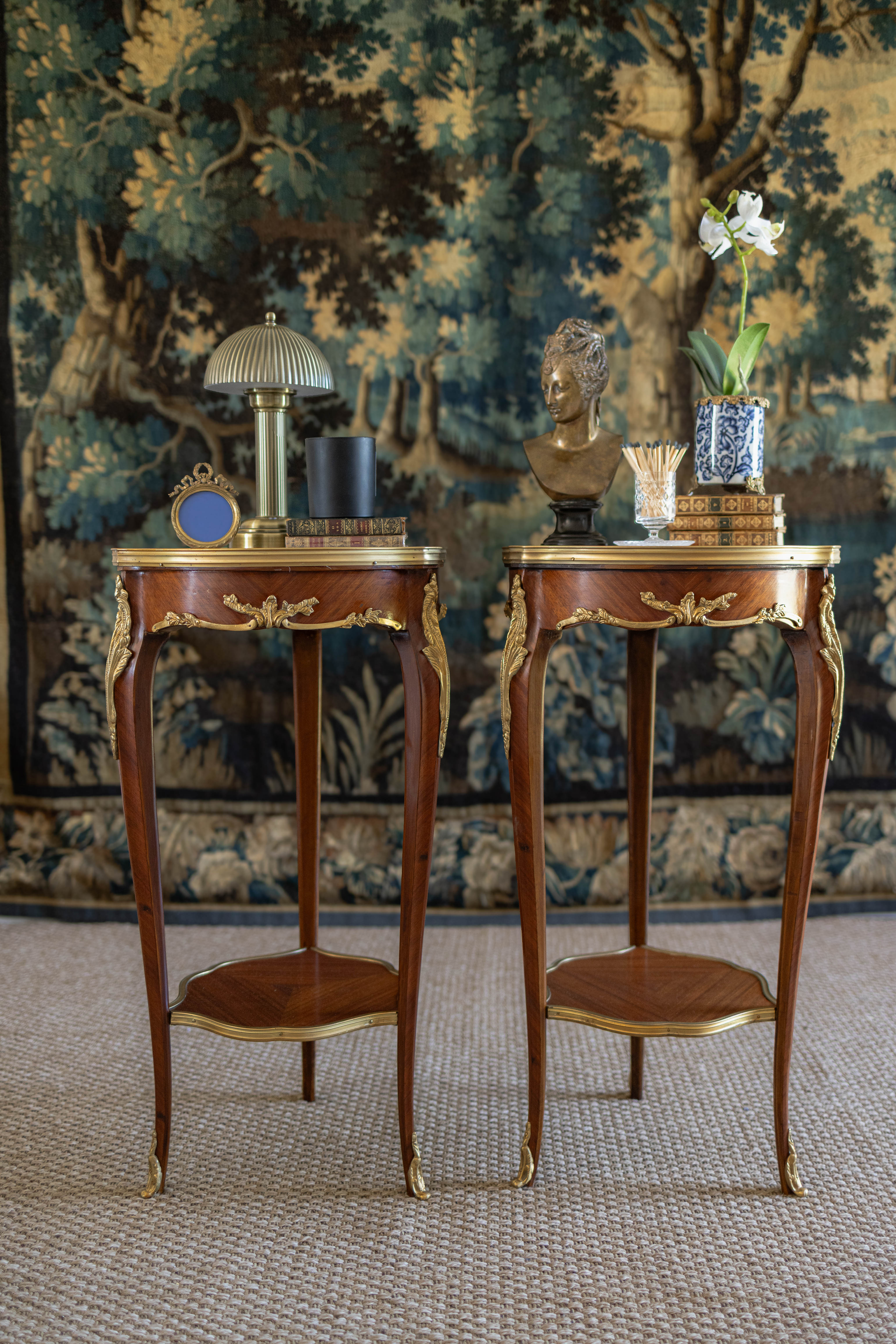 Pair of Louis XV–Style Ormolu-Mounted Marble-Top Pedestal Tables