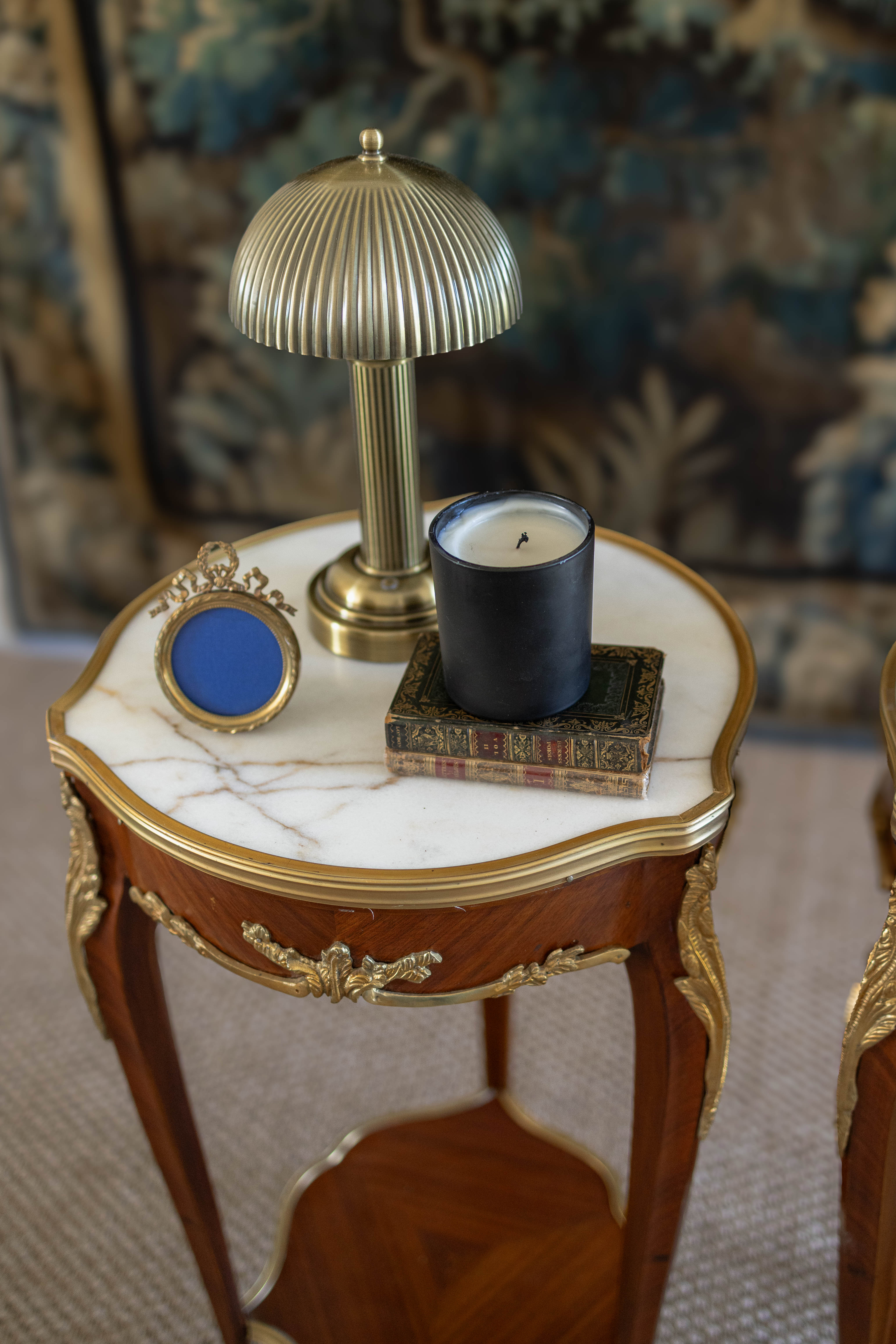 Pair of Louis XV–Style Ormolu-Mounted Marble-Top Pedestal Tables