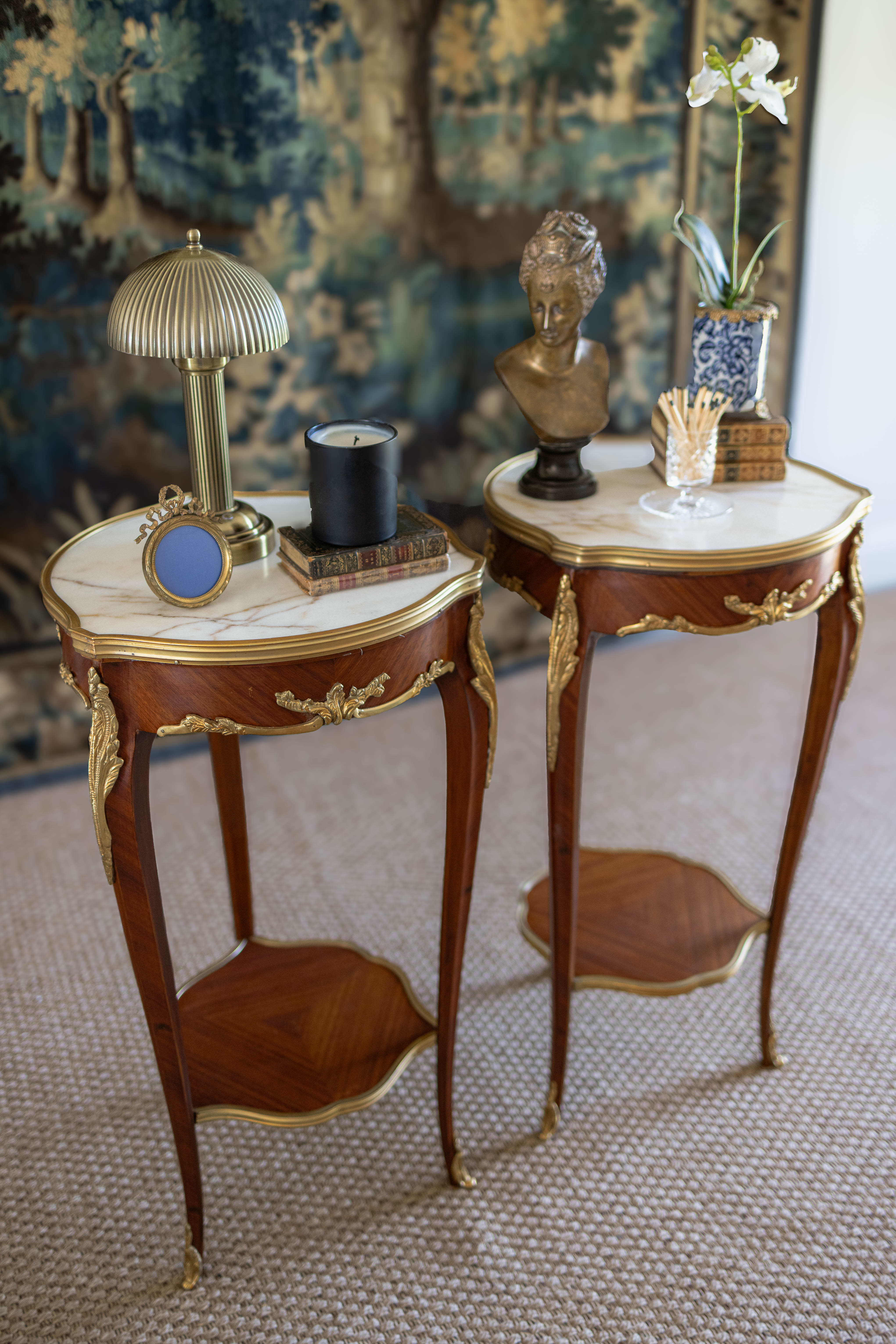 Pair of Louis XV–Style Ormolu-Mounted Marble-Top Pedestal Tables