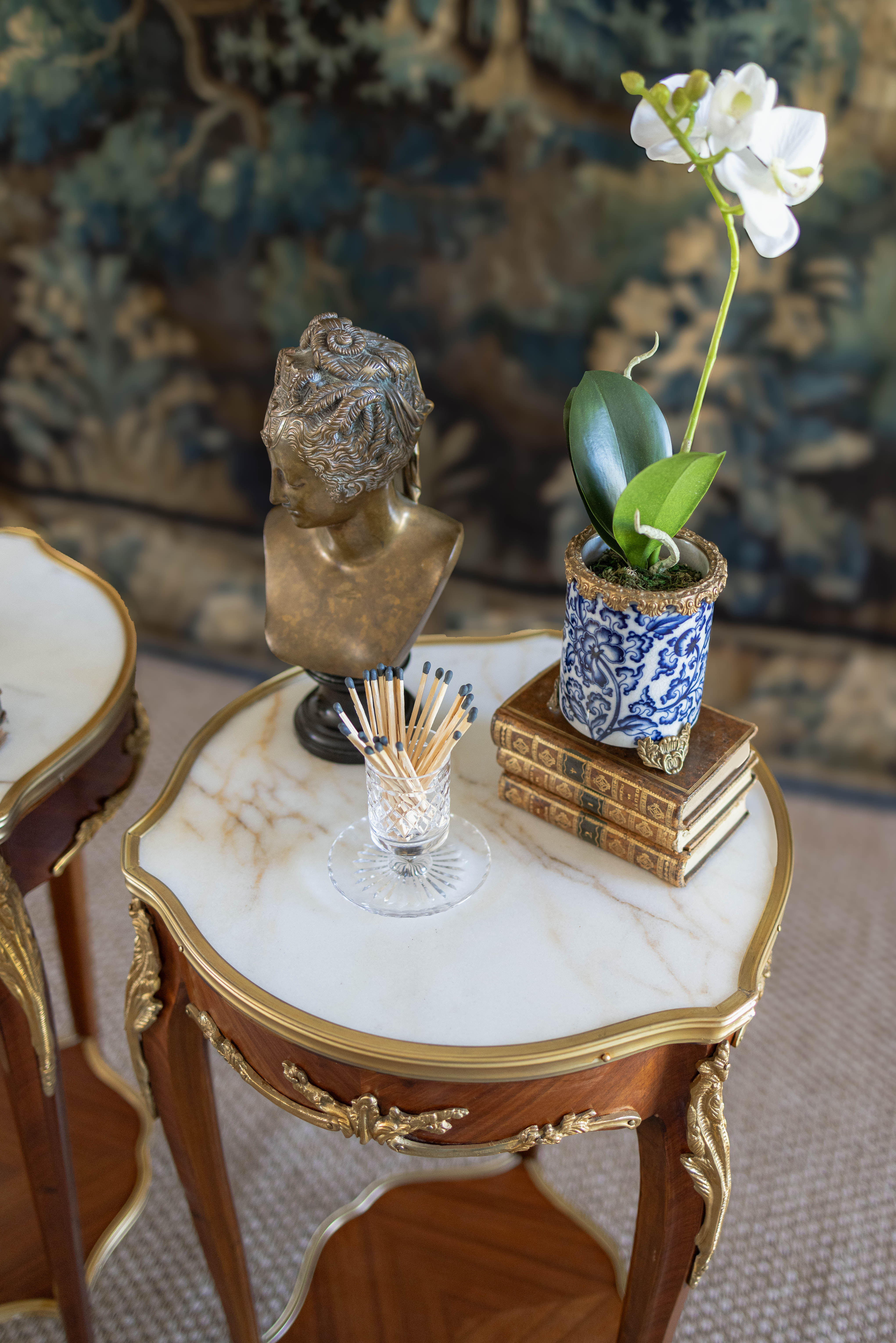 Pair of Louis XV–Style Ormolu-Mounted Marble-Top Pedestal Tables
