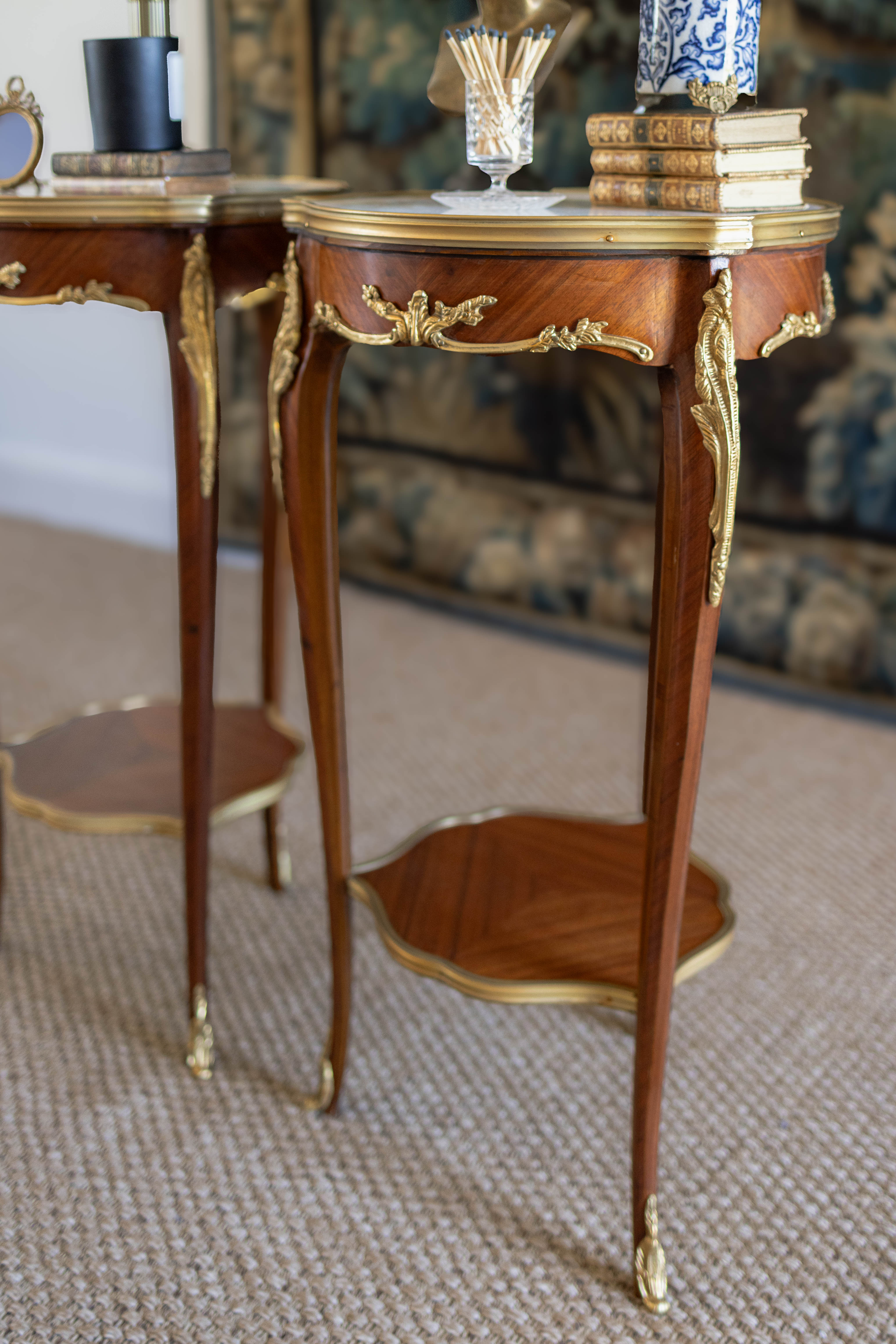 Pair of Louis XV–Style Ormolu-Mounted Marble-Top Pedestal Tables