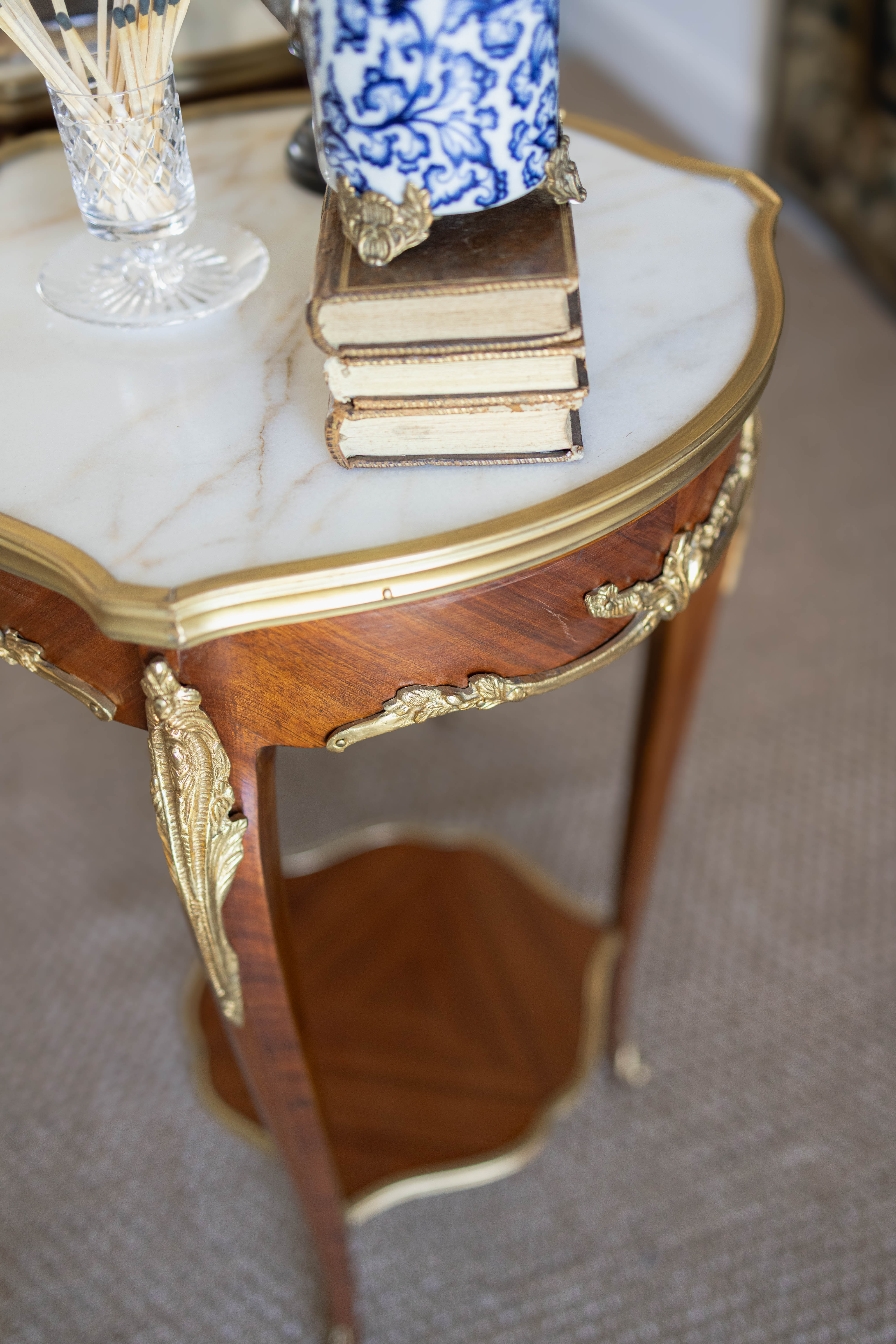 Pair of Louis XV–Style Ormolu-Mounted Marble-Top Pedestal Tables