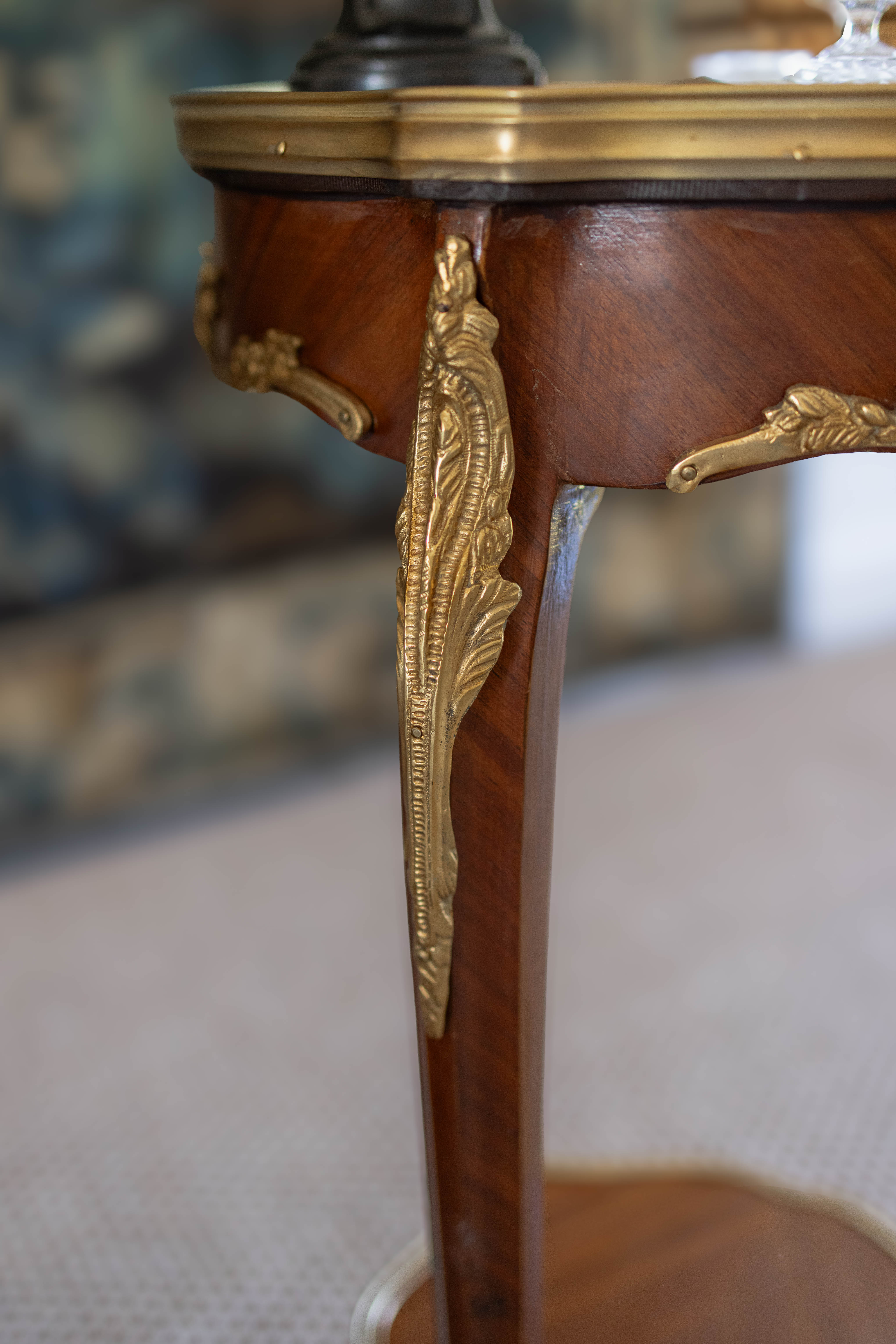 Pair of Louis XV–Style Ormolu-Mounted Marble-Top Pedestal Tables