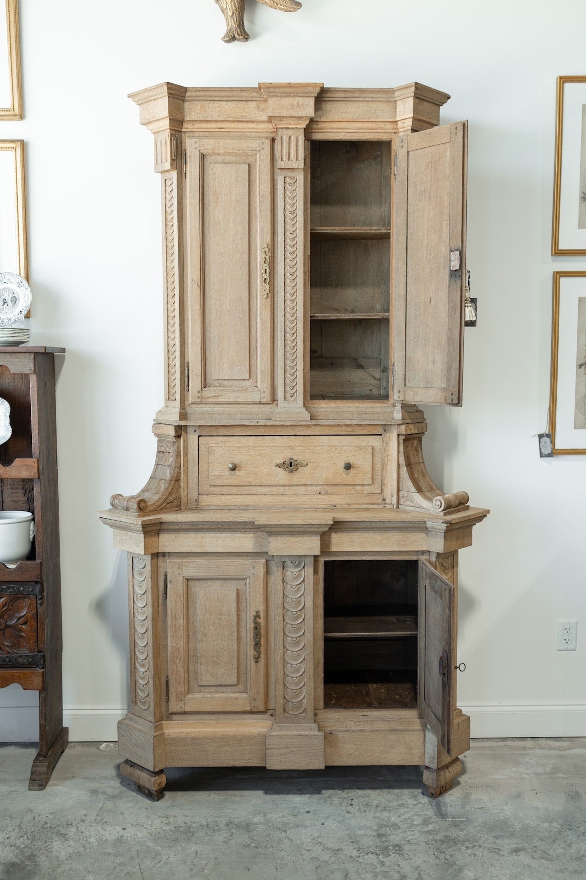19th C. French Henri II Style Buffet Deux Corps in Bleached Oak