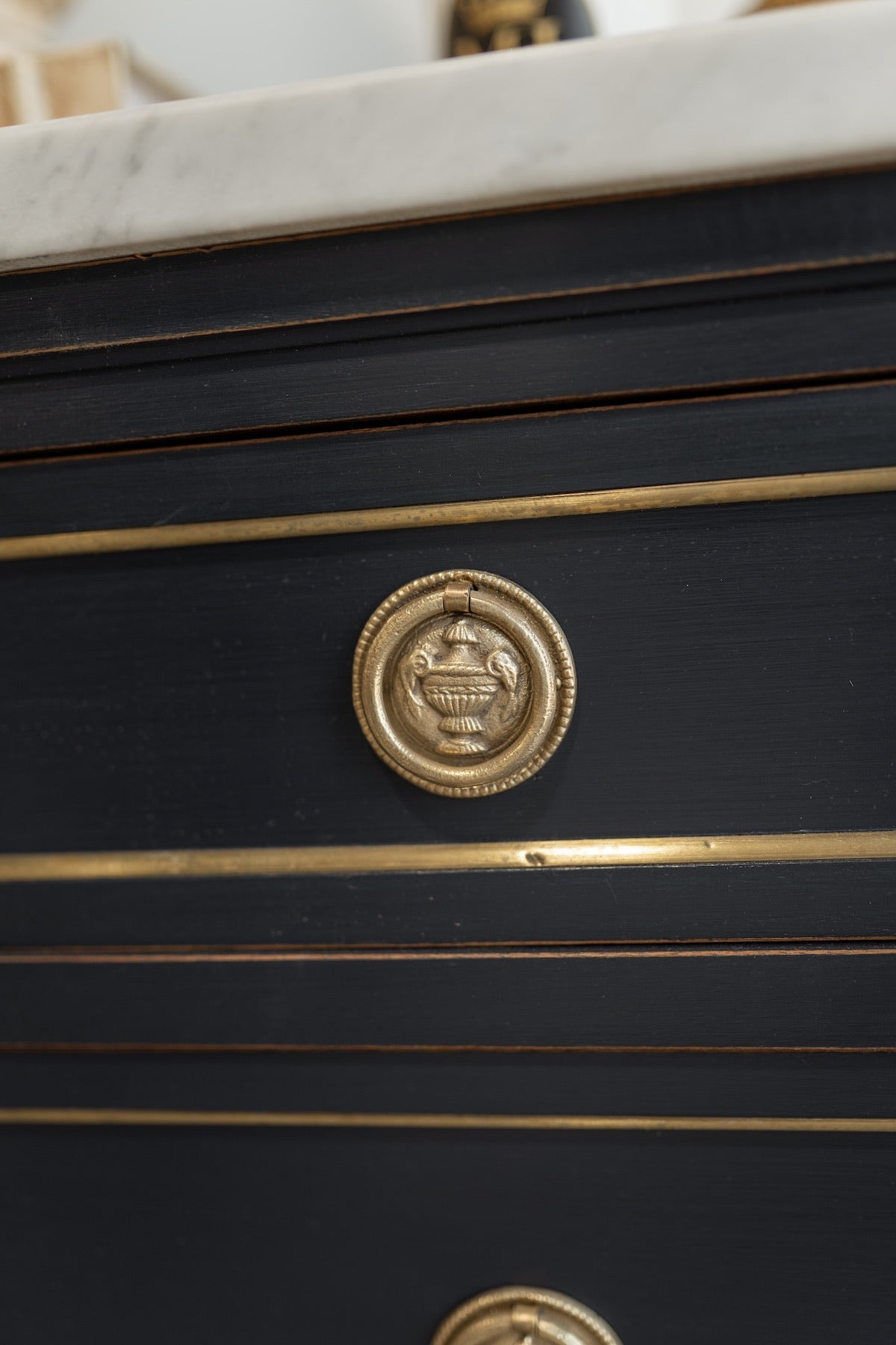 French Louis XVI Style Navy Blue Commode with Marble Top & Brass Hardware