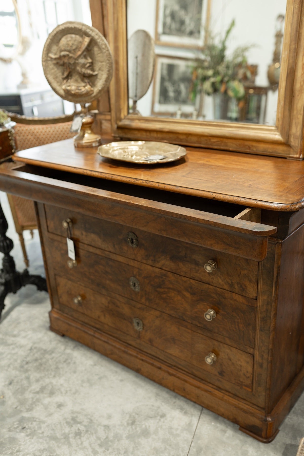 19th C. French Louis Phillipe Style Walnut Chest with Burl Veneer Drawer Fronts