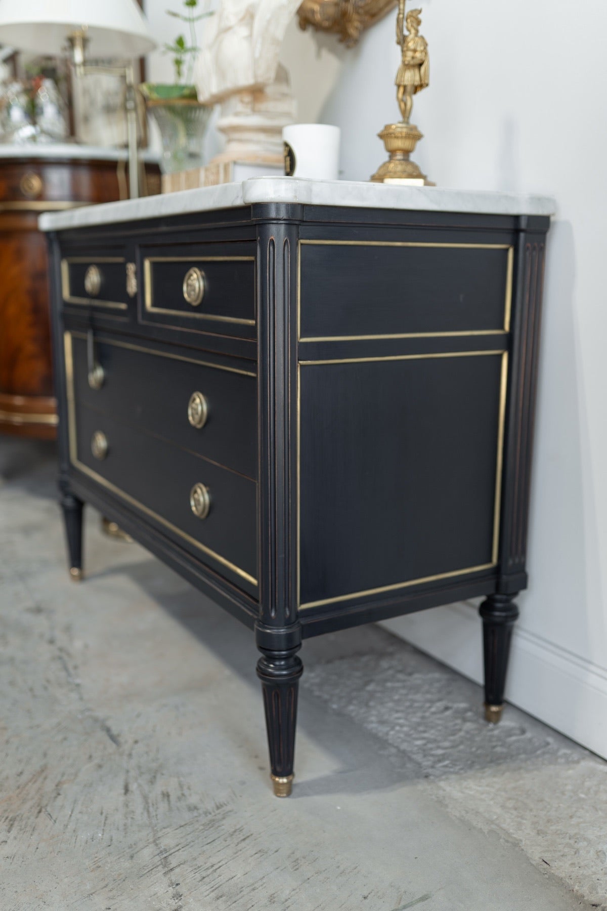 French Louis XVI Style Navy Blue Commode with Marble Top & Brass Hardware