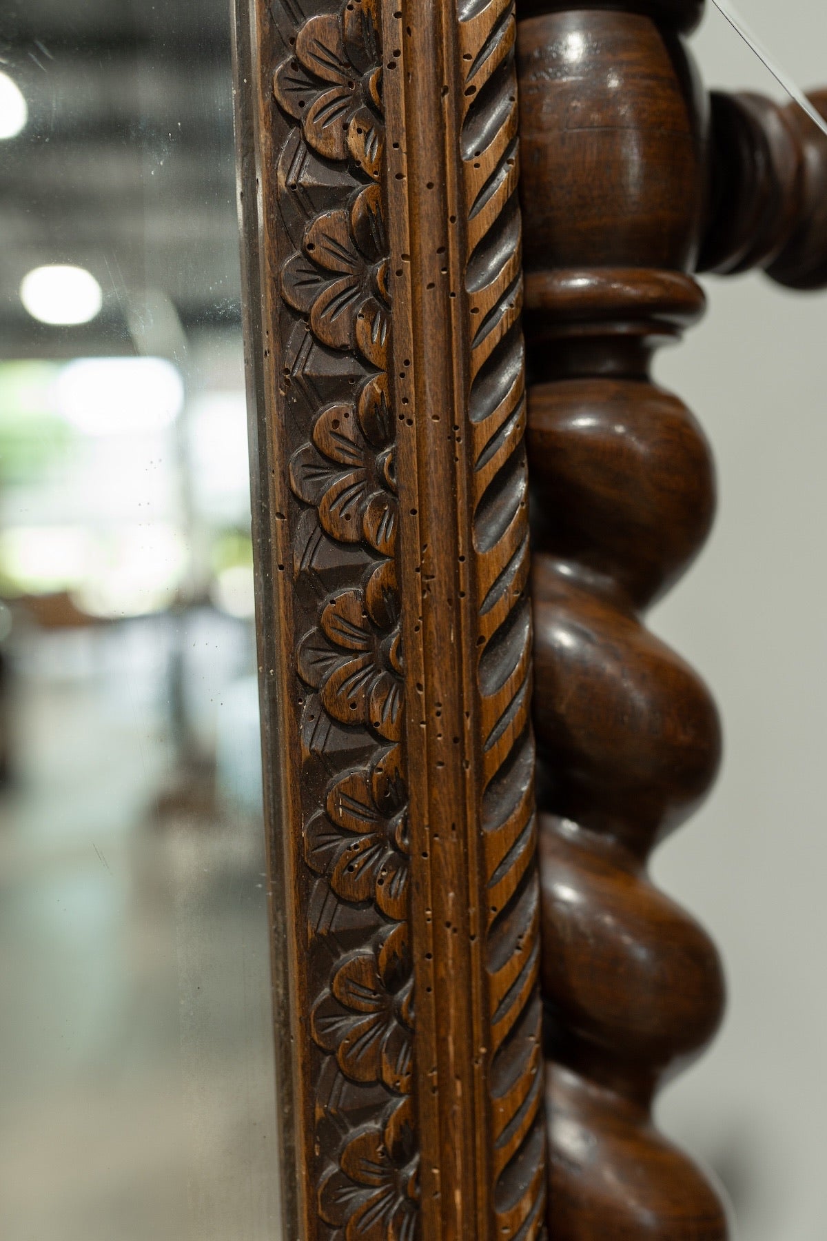 19th C. French Barley Twist Cheval Mirror in Carved Walnut