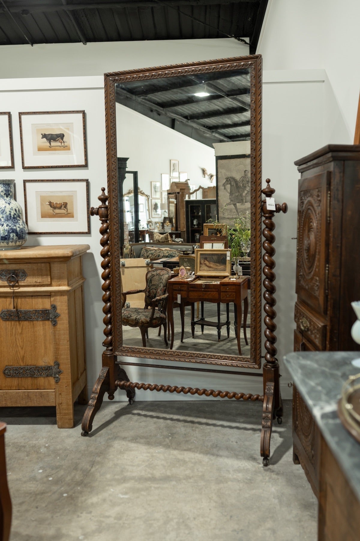 19th C. French Barley Twist Cheval Mirror in Carved Walnut
