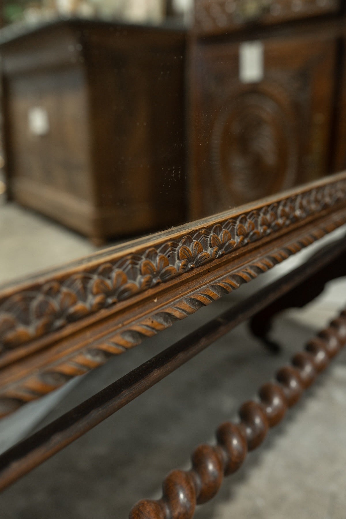 19th C. French Barley Twist Cheval Mirror in Carved Walnut